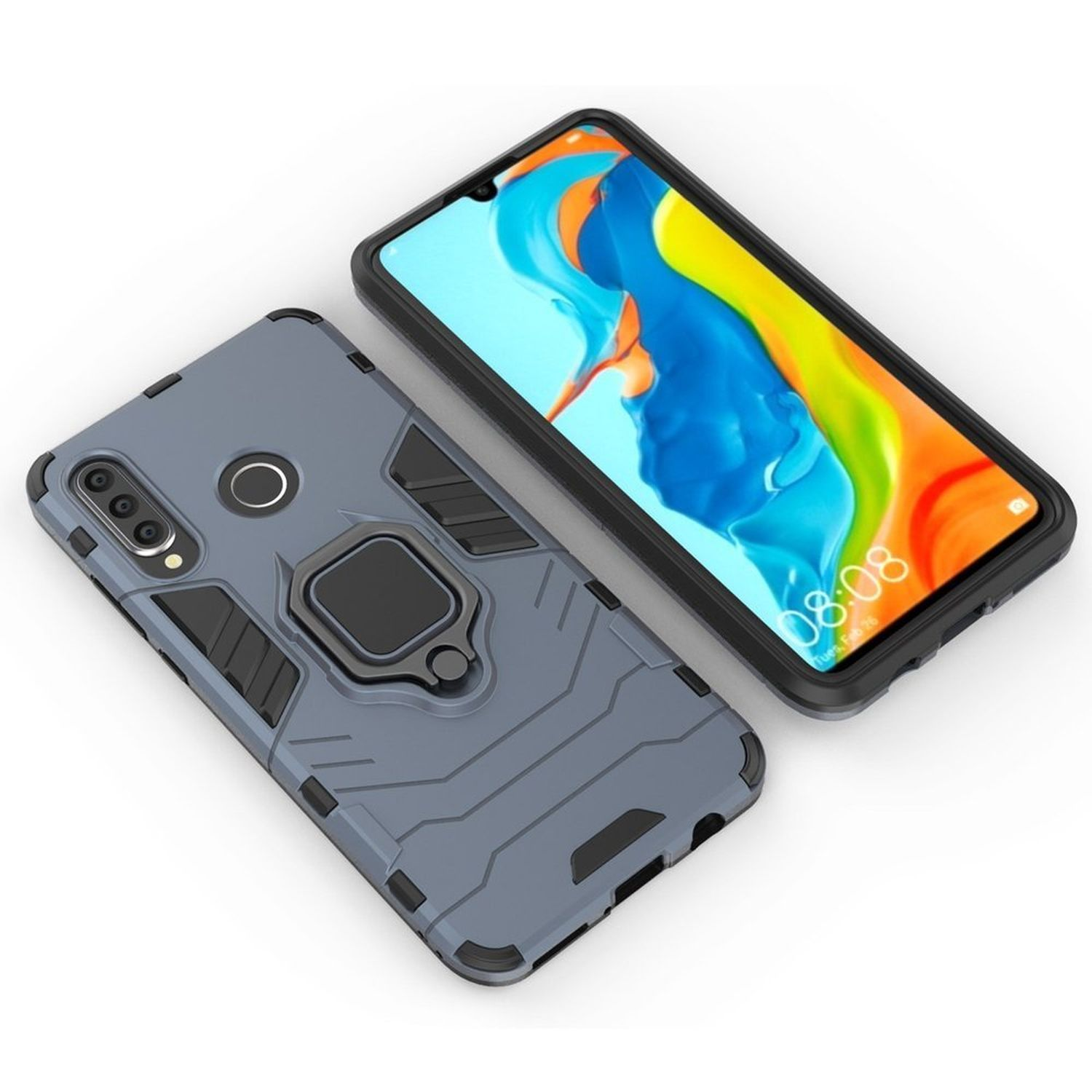 Graue Handyhülle mit Ringhalter und Telefon. Der Hintergrund ist weiß. Der Bildschirm ist sichtbar.