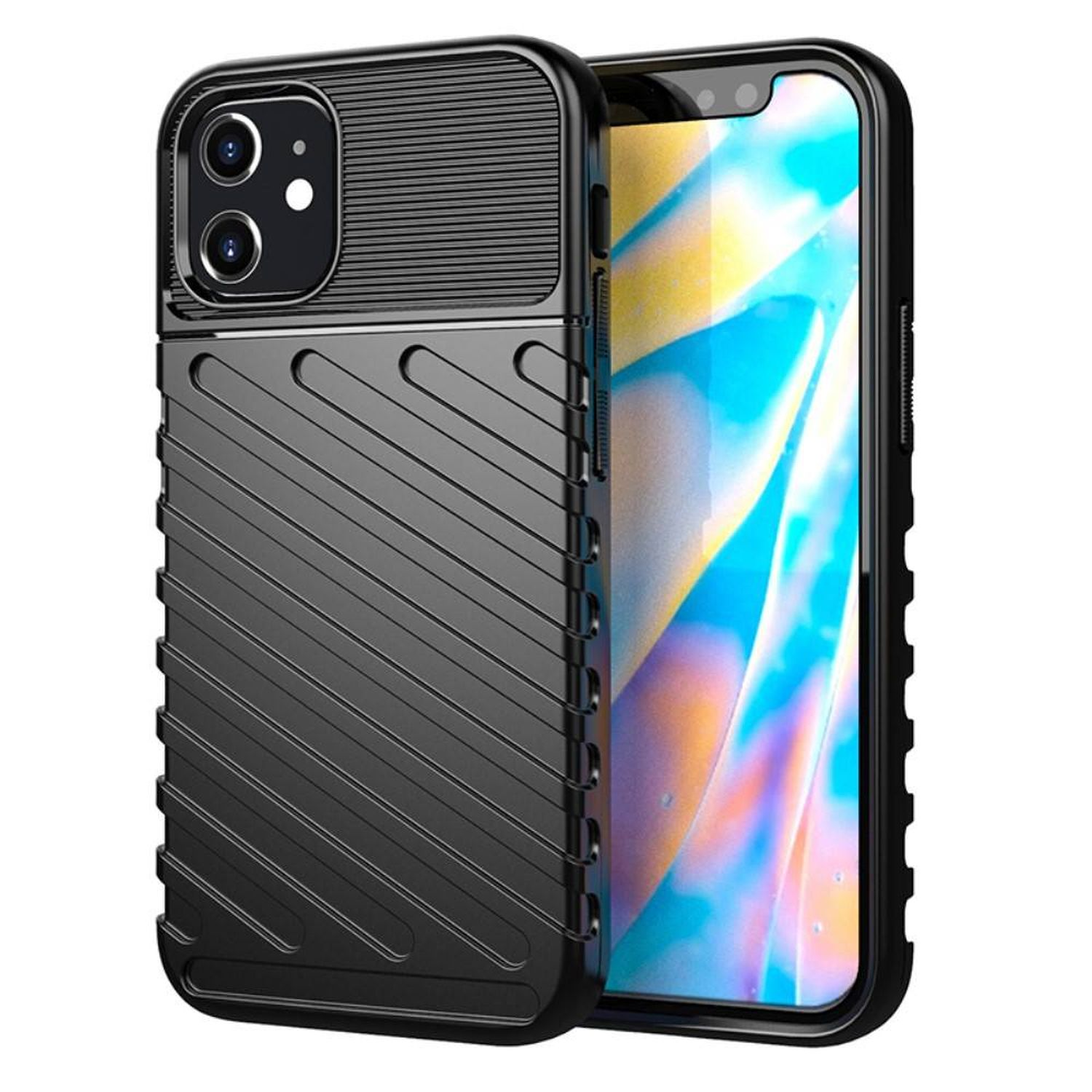 Schwarze Handyhülle mit strukturierter Rückseite, diagonale Linien. Telefon teilweise sichtbar. Weißer Hintergrund.