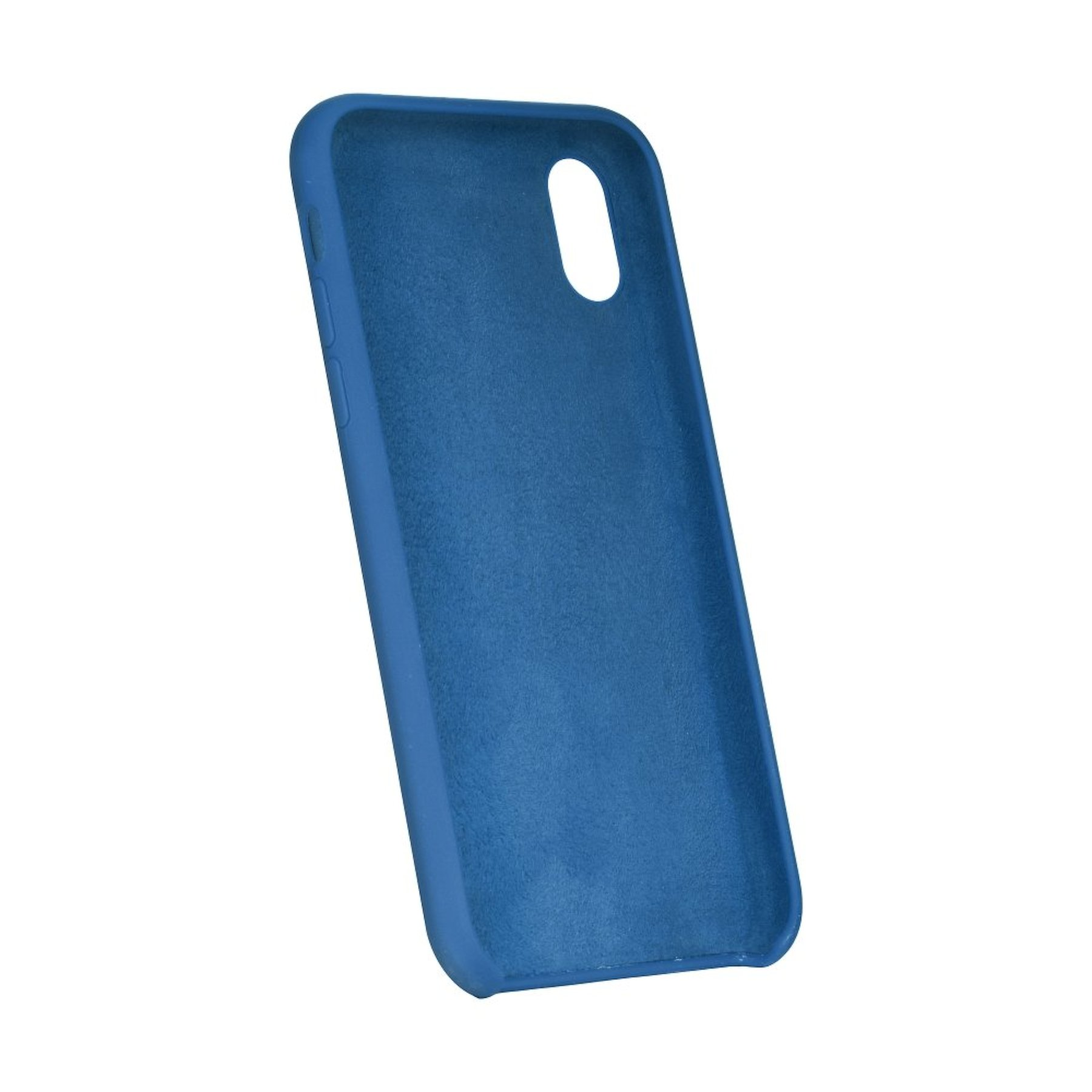 Eine blaue Handyhülle schräg vor weißem Hintergrund. Sie hat eine Kamera und ein Loch oben.