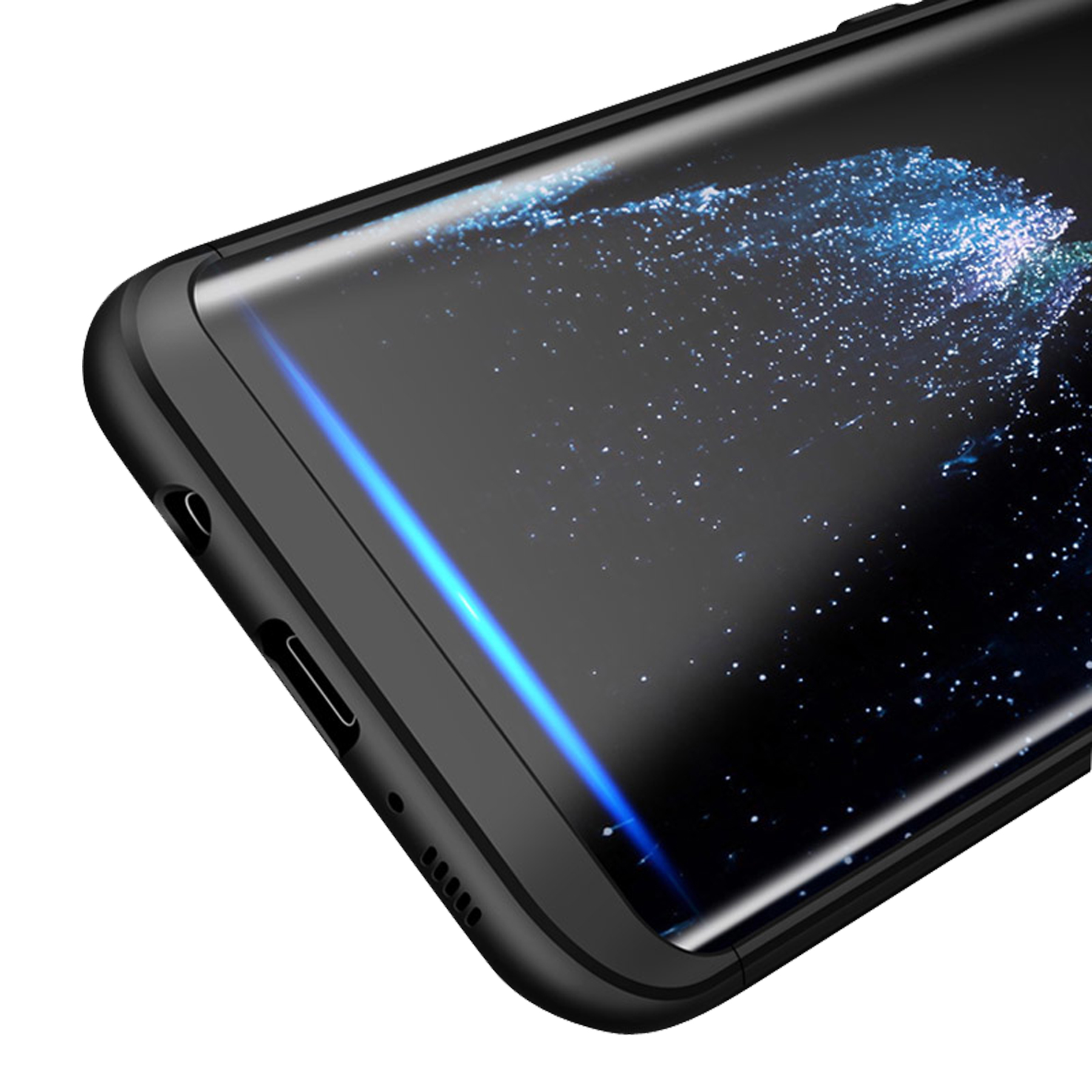 Nahaufnahme einer schwarzen Handyhülle mit einem schwarzen Telefon. Der Telefonbildschirm ist eingeschaltet.