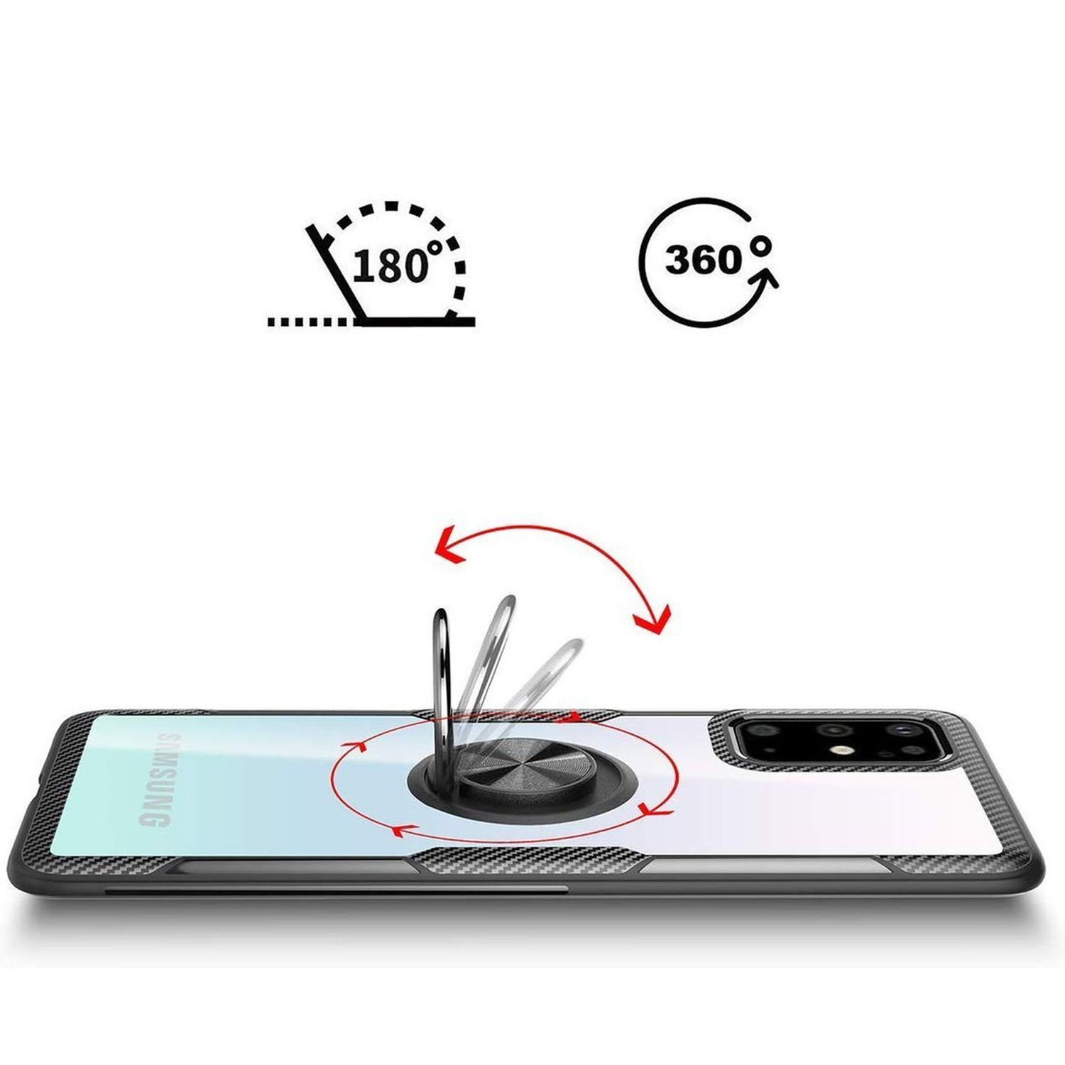 Handyhülle mit Ringhalter. Der Ring dreht sich um 360 Grad. Schwarz-weißes Design.