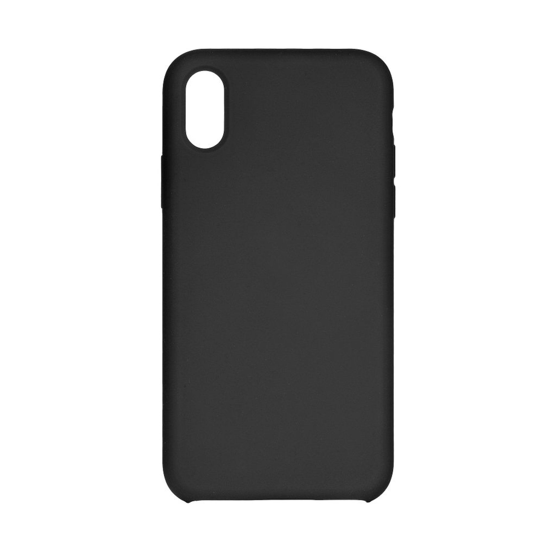 Eine schwarze Handyhülle bedeckt die Rückseite eines Telefons. Die Hülle ist schlicht und ohne Design.
