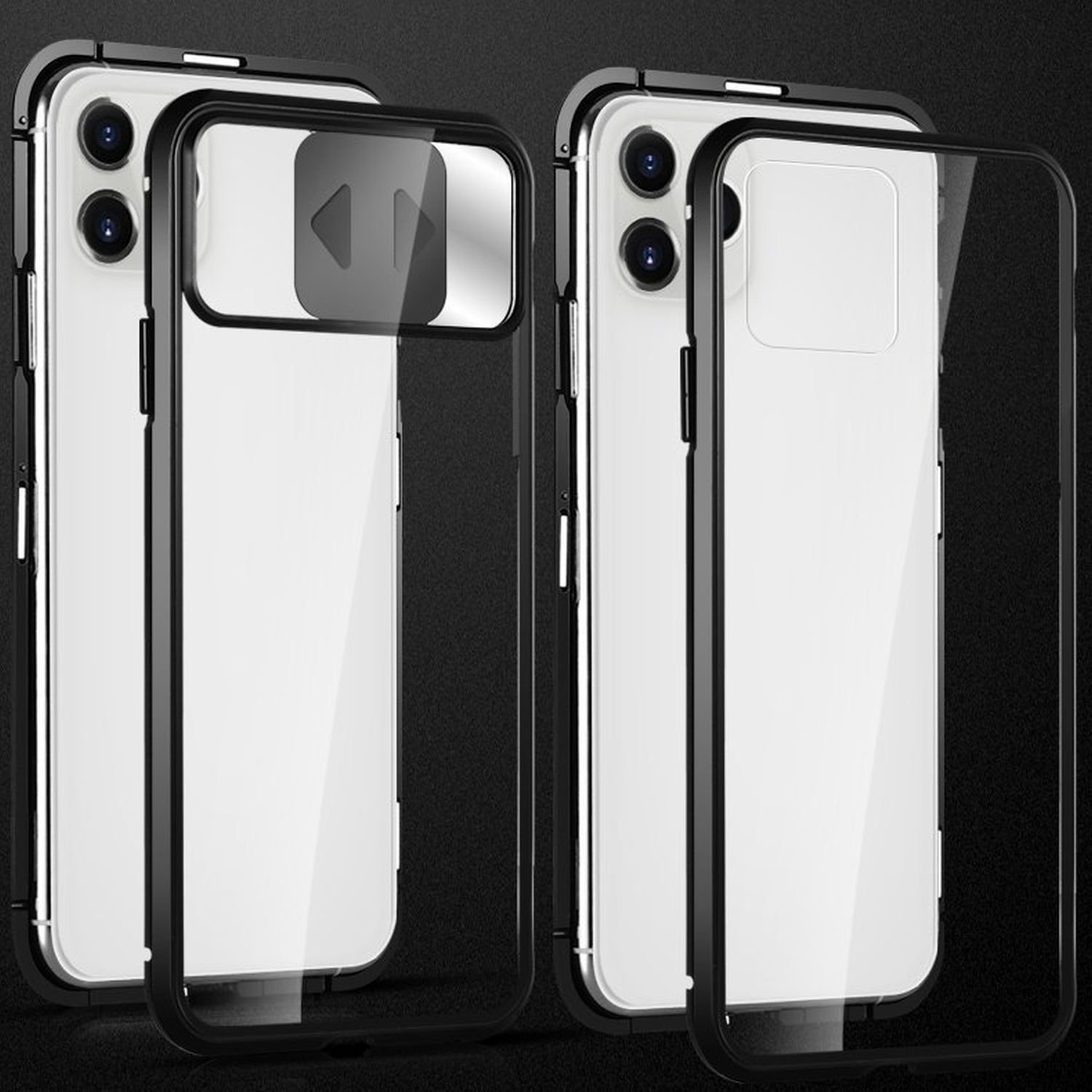 Zwei transparente Handyhüllen mit schwarzen Rändern, eine mit Telefon- und Kameraschutz.