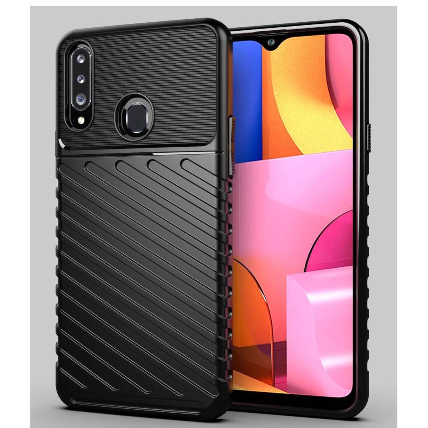 Schwarze Handyhülle mit schwarzem Telefon darin. Grauer Hintergrund.