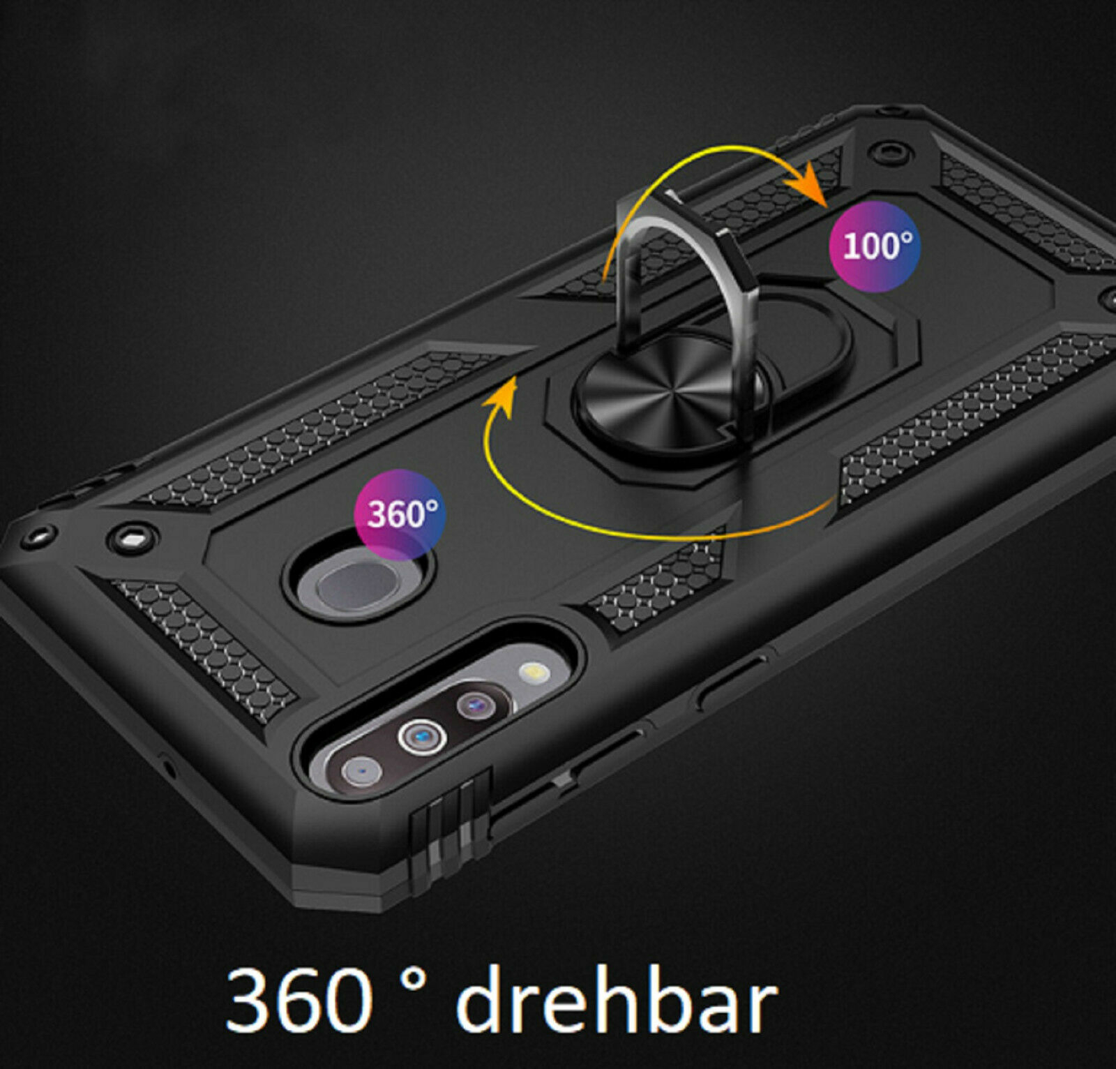Schwarze Handyhülle mit einem Ringhalter, der sich um 360 Grad drehen kann. Die Hülle ist schwarz.