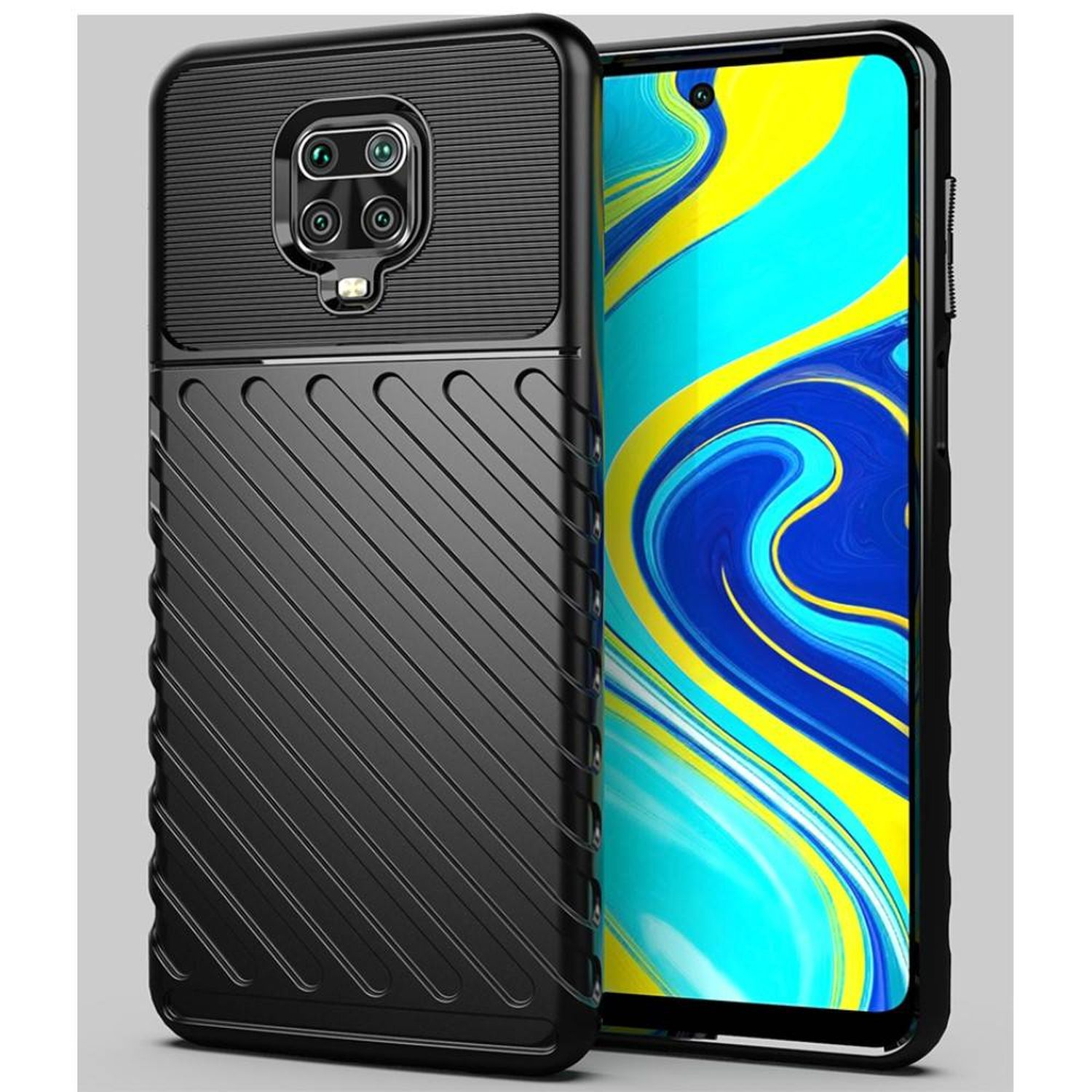 Schwarze Handyhülle mit strukturiertem Design, bedeckt Telefon auf grauem Hintergrund.