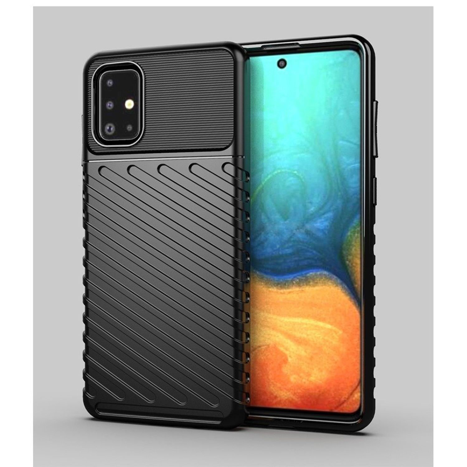 Schwarze Handyhülle auf grauem Hintergrund. Die Handyhülle hat ein geriffeltes Design.