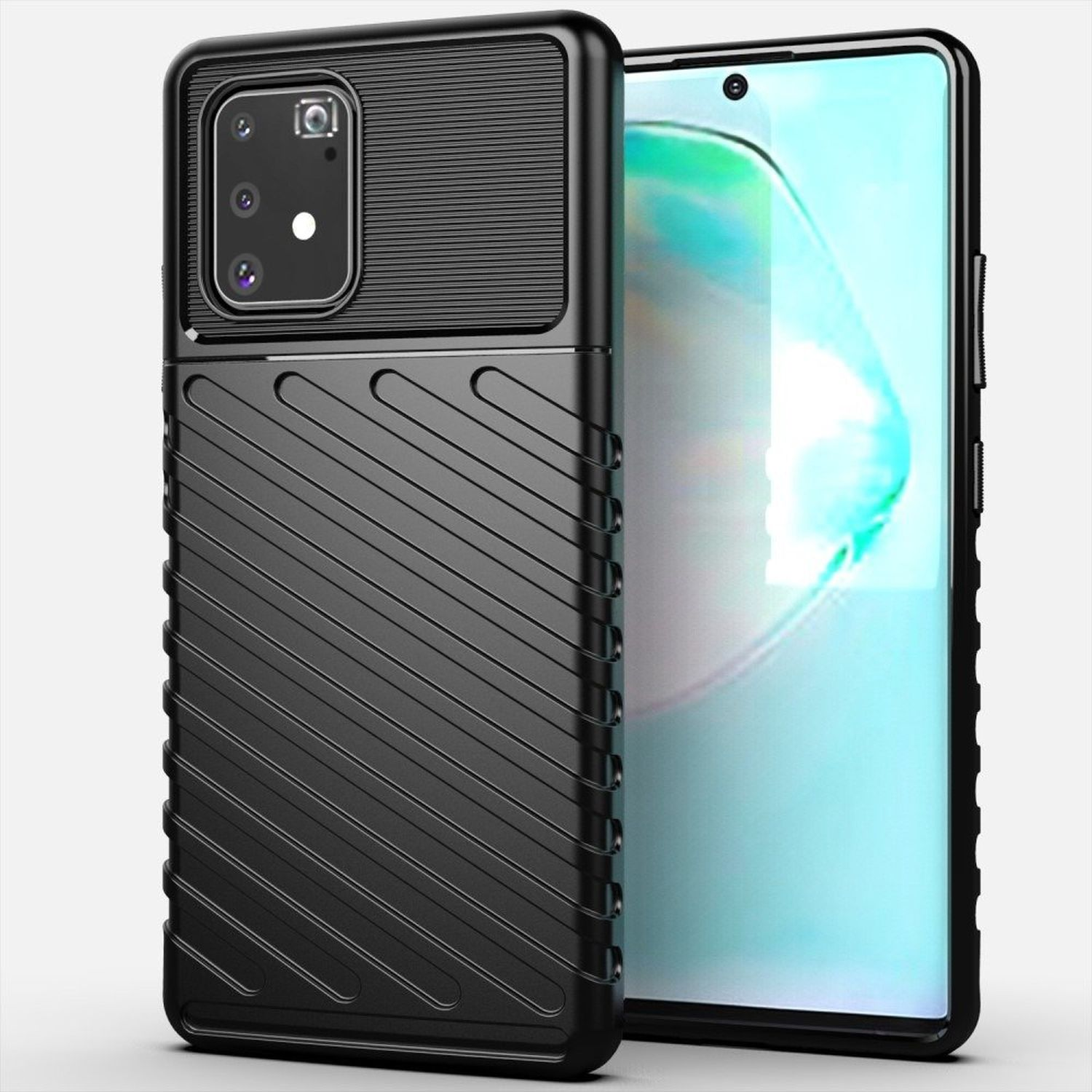 Eine schwarze Handyhülle mit diagonalen Linien und ein Telefon mit blauem Bildschirm, auf weißem Grund.