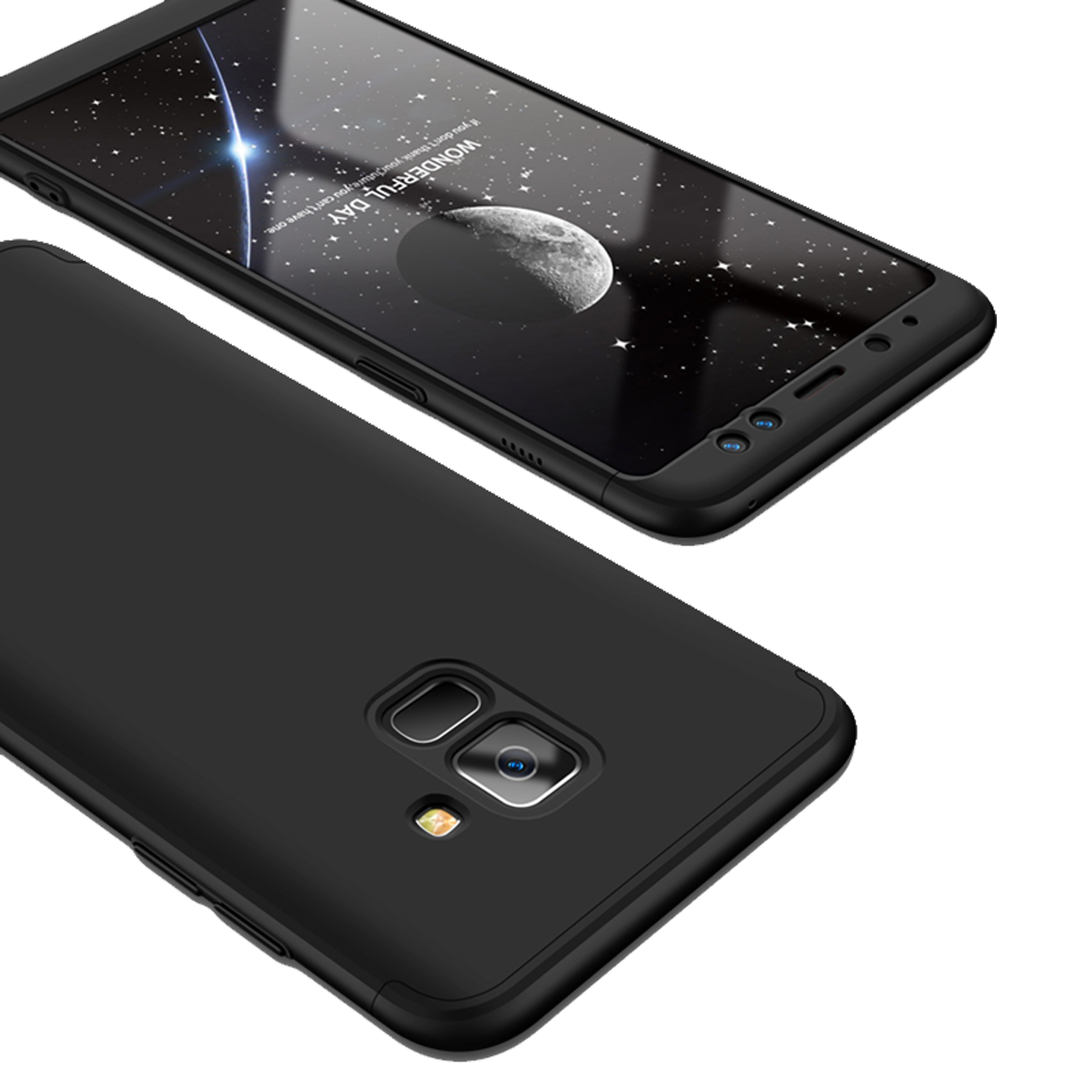 Eine schwarze Handyhülle mit einem schwarzen Telefon darin. Weißer Hintergrund.