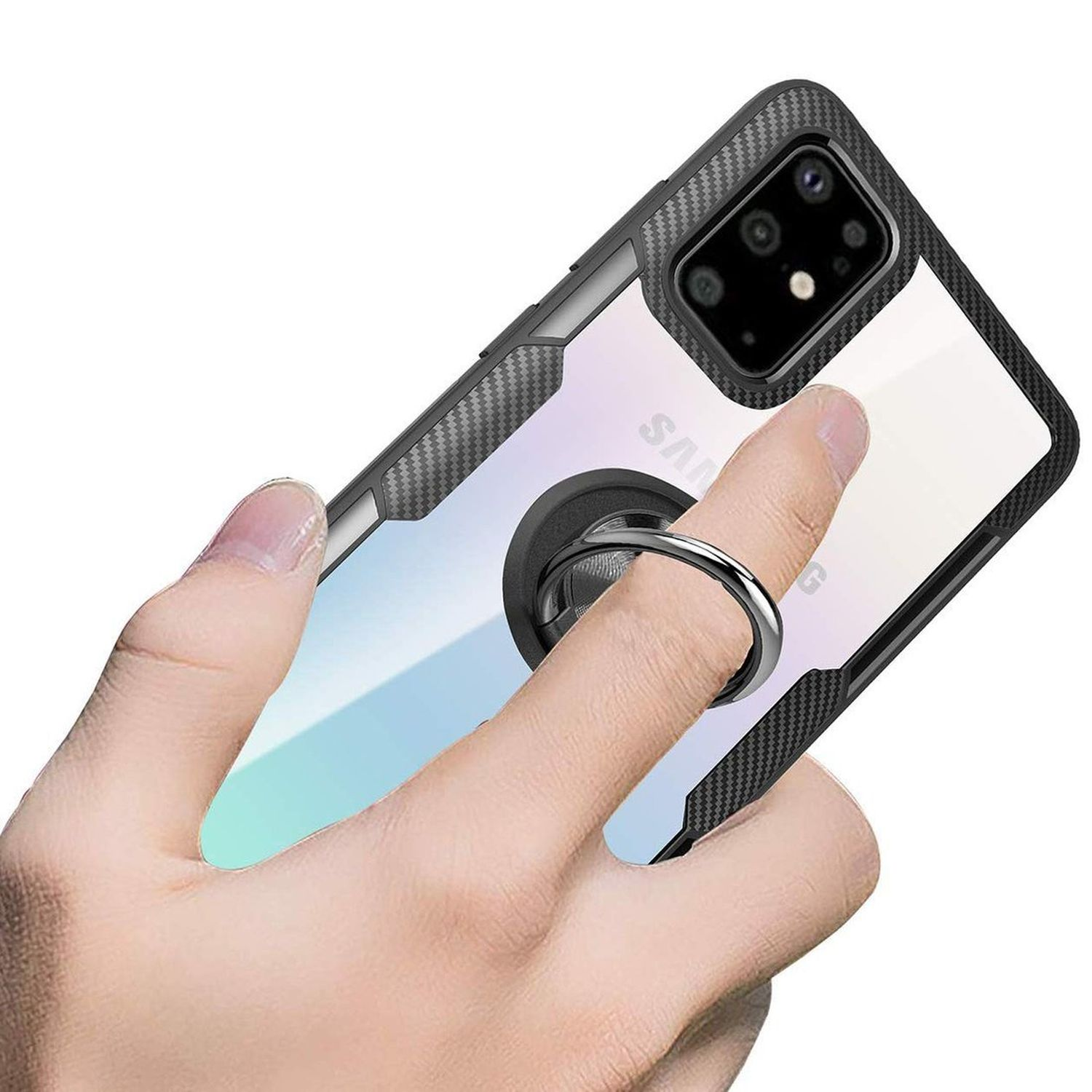 Hand hält Telefon mit Ringhalter, Telefon in transparenter Hülle.