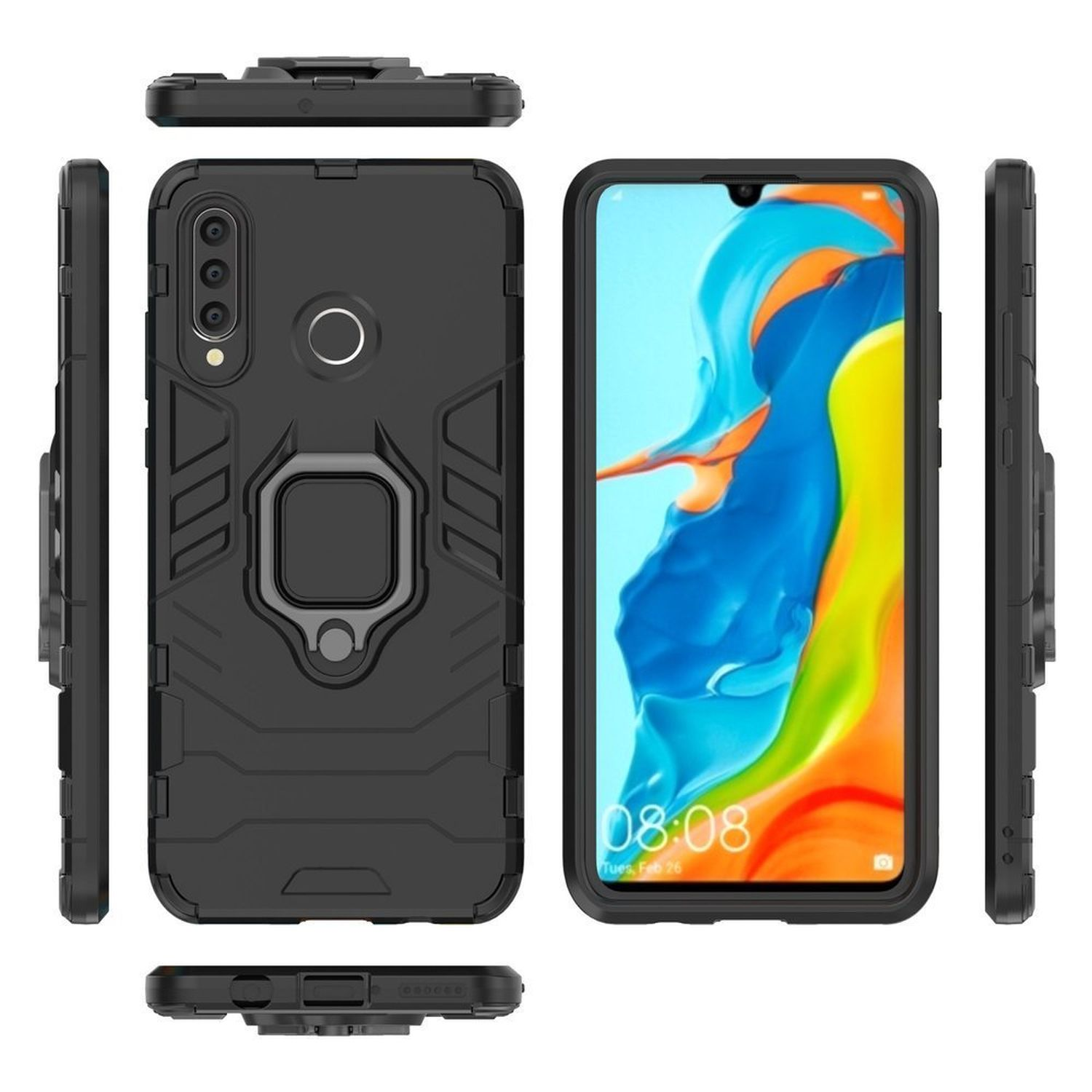 Eine schwarze Handyhülle in drei Ansichten. Das Telefon ist rechts. Es gibt einen Ringhalter und Kamera.