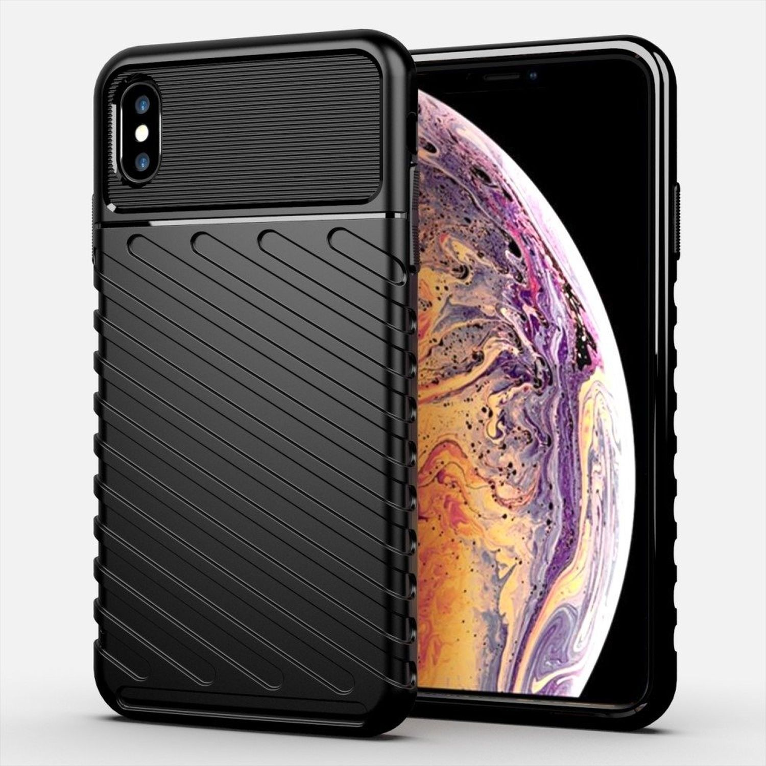 Schwarze Handyhülle mit diagonalen Linien und einem Telefon darin. Weißer Hintergrund.