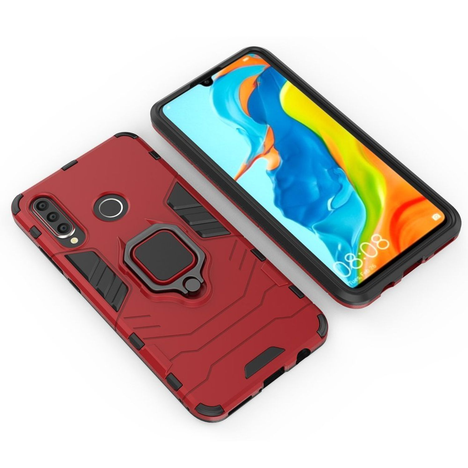 Rote Handyhülle mit schwarzem Kreis, rotem Hintergrund und liegendem Telefon.