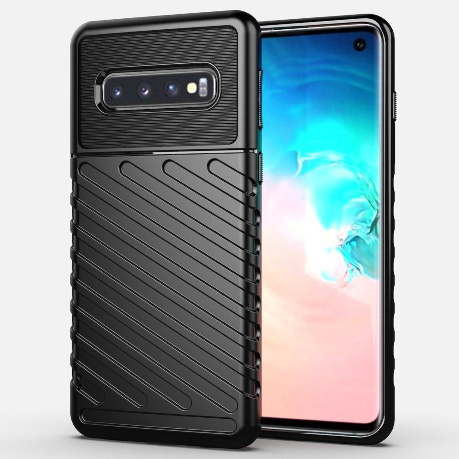 Schwarze Handyhülle mit geriffelter Rückseite. Telefonbildschirm ist sichtbar. Weißer Hintergrund.