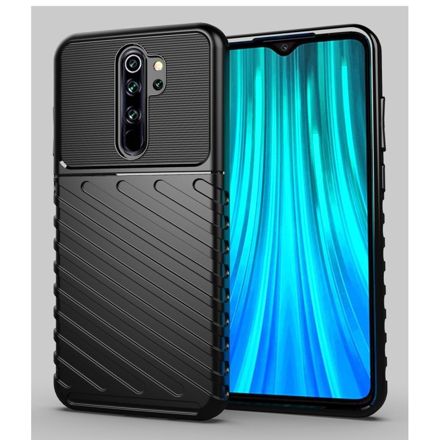 Schwarze Handyhülle mit strukturierter Rückseite. Das Telefon hat einen blauen Bildschirm.