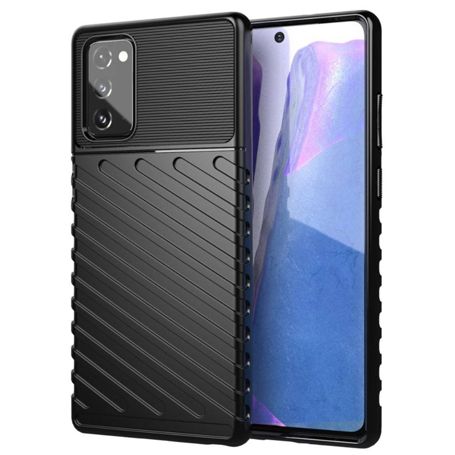Schwarze Handyhülle mit strukturiertem Design. Das Telefon befindet sich in der Hülle. Der Hintergrund ist weiß.