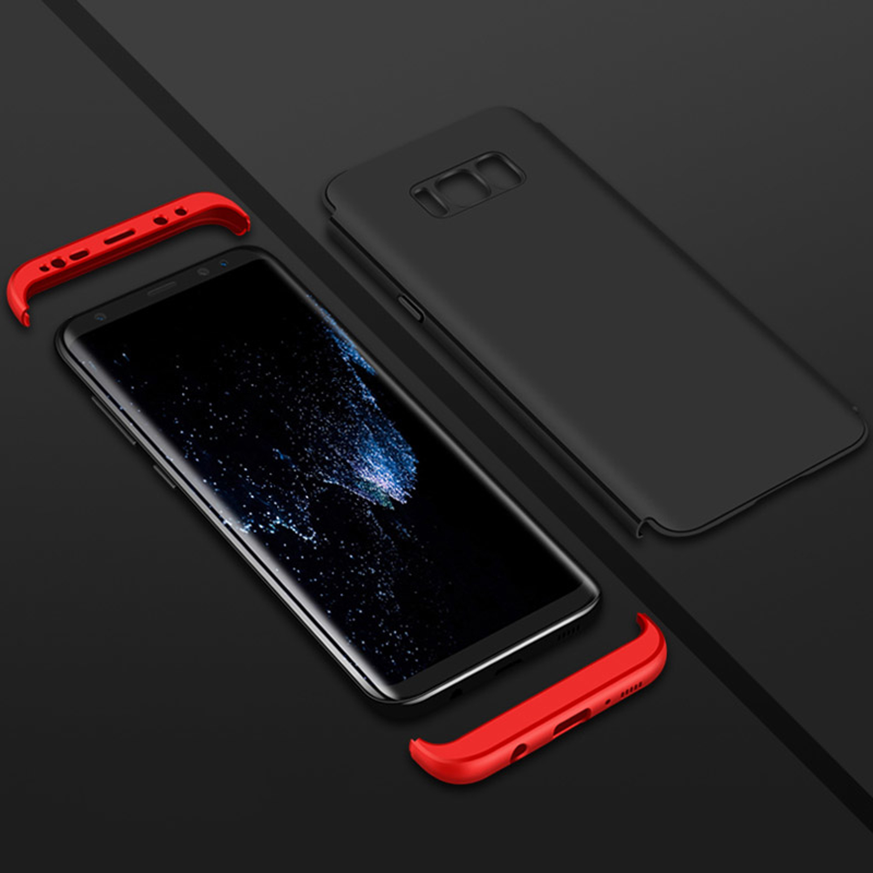 Telefongehäusekomponenten sind ausgebreitet. Ein schwarzes Telefon und rote Akzente sind sichtbar.