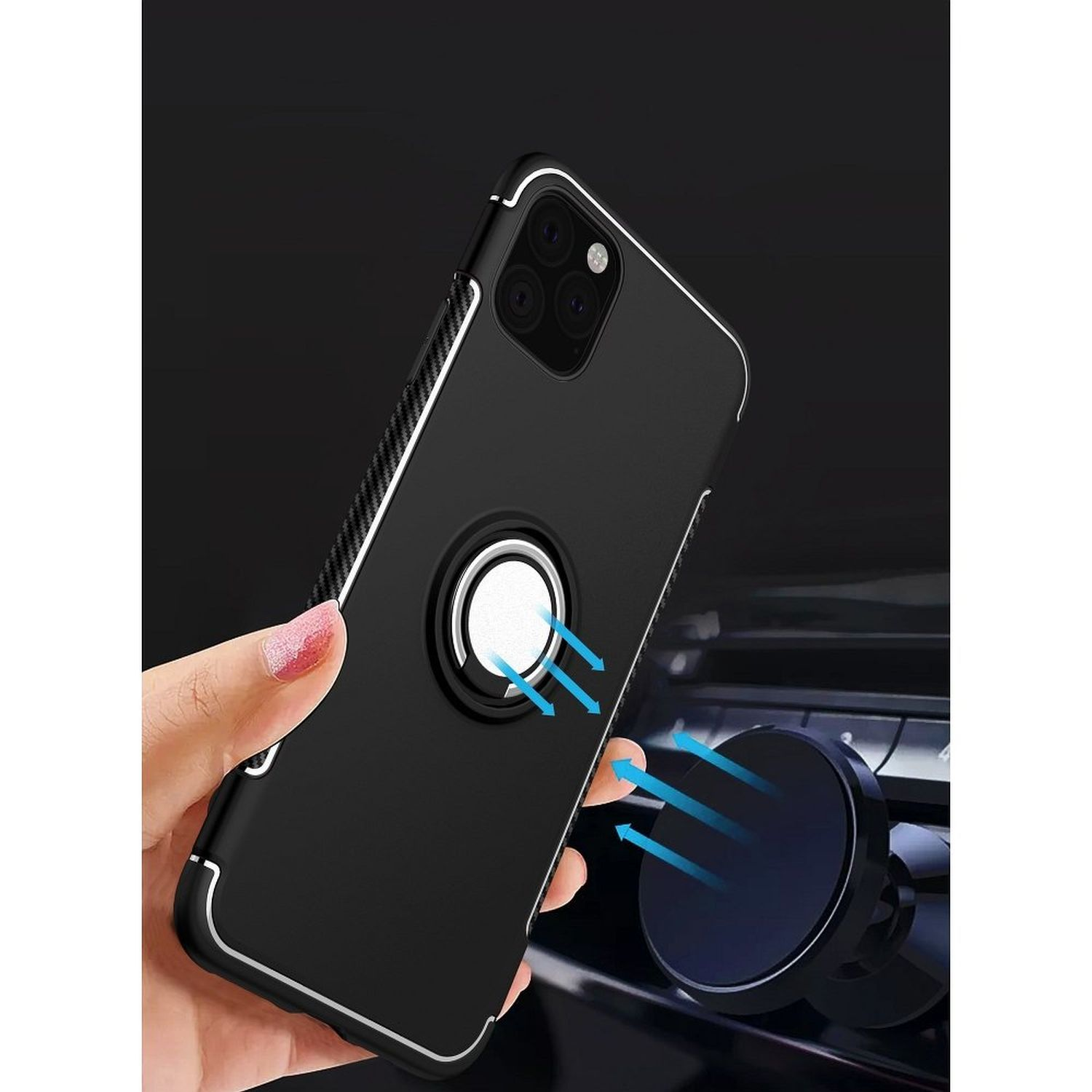 Schwarze Handyhülle mit Ringhalter. Eine Hand hält das Telefon in der Nähe eines Magneten.
