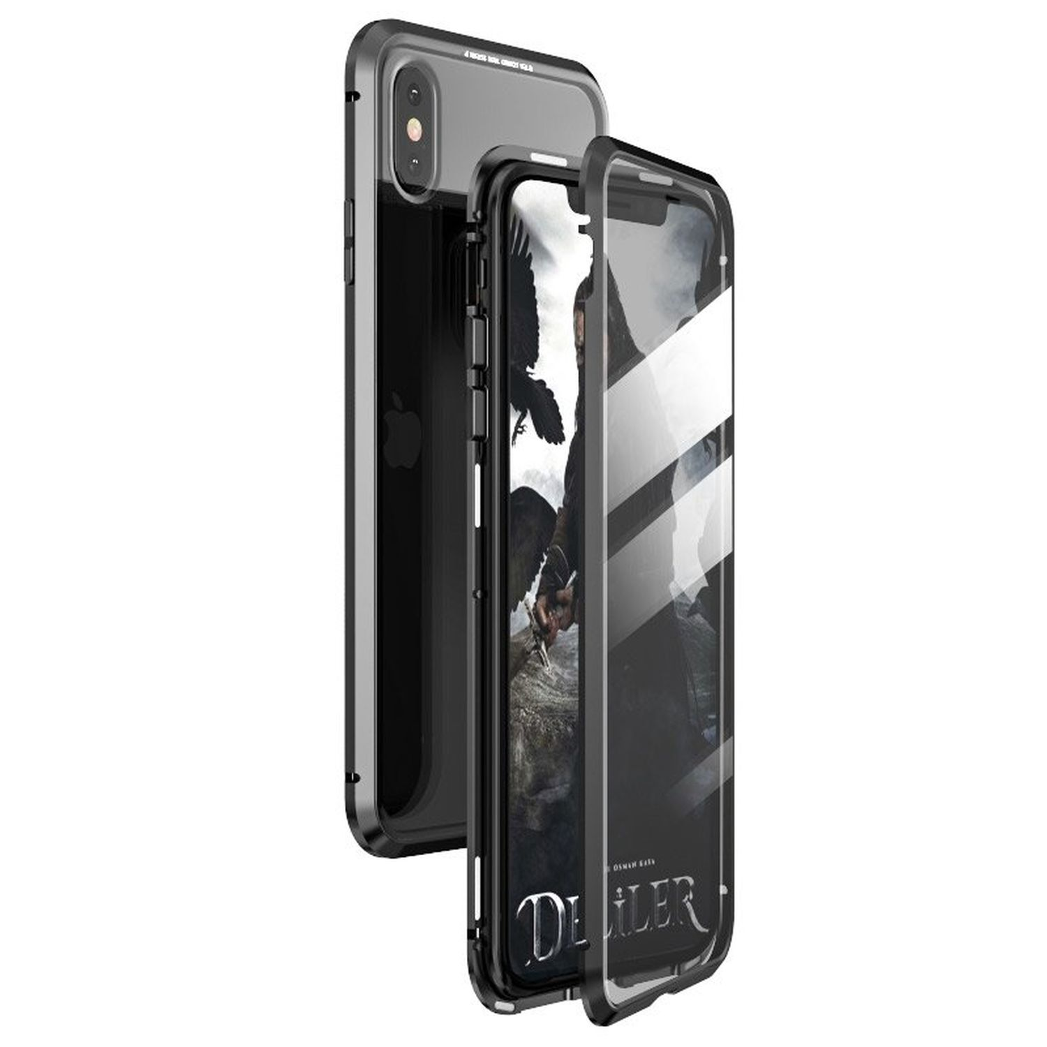 Telefon mit Hülle, Bildschirm zeigt Bild und transparente Schutzhülle. Hülle ist teilweise abgelöst.