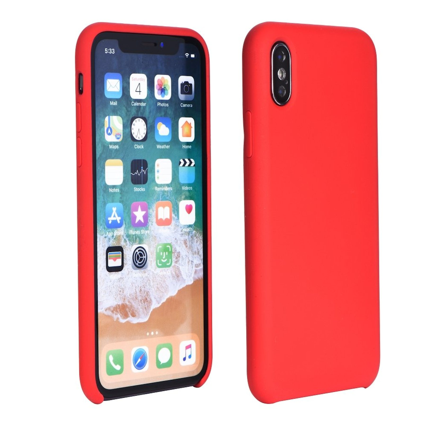 Zwei Telefone, eins zeigt Apps, das andere die Rückseite mit roter Hülle.