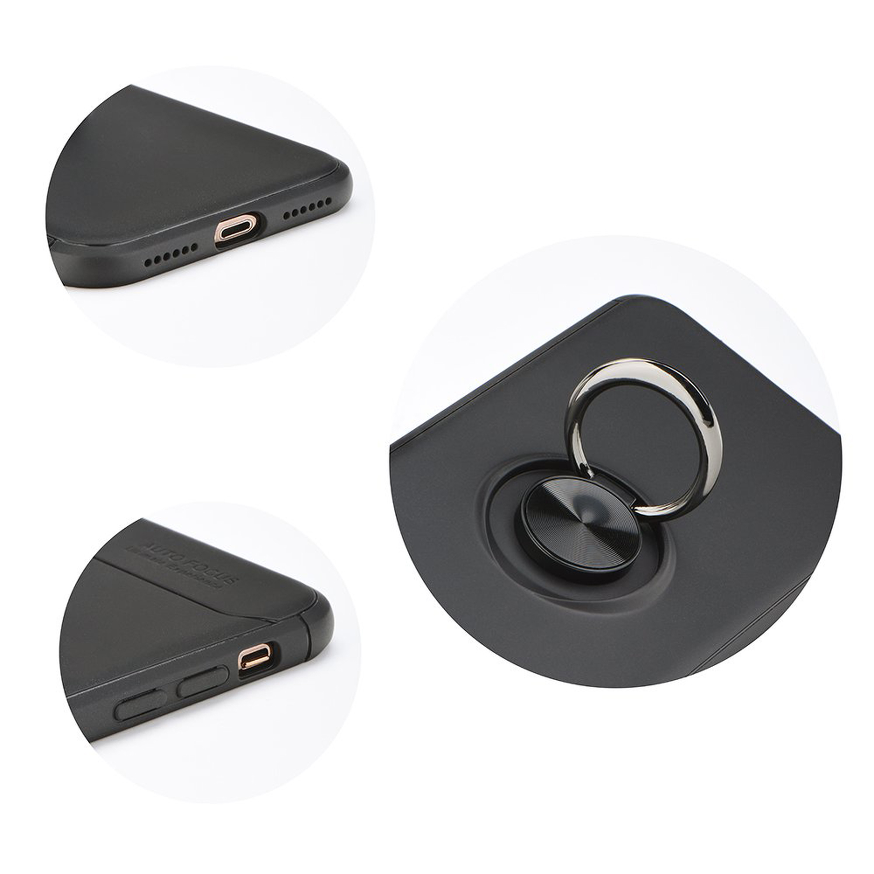 Schwarze Handyhülle mit Ring, drei Ansichten. Weißer Hintergrund.