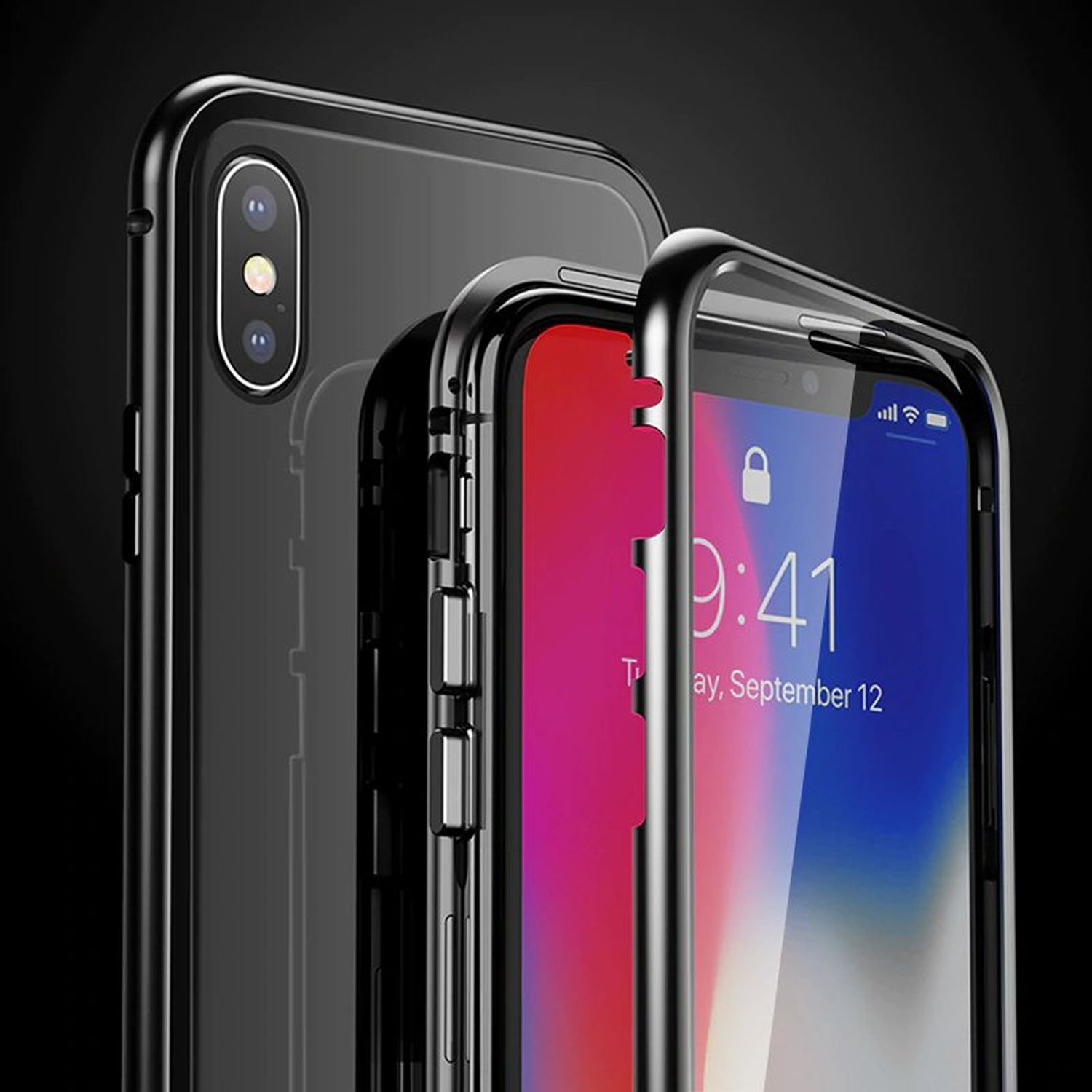 Telefon in schwarzem Gehäuse, Bildschirm zeigt Zeit und Datum. Schwarzer Hintergrund.