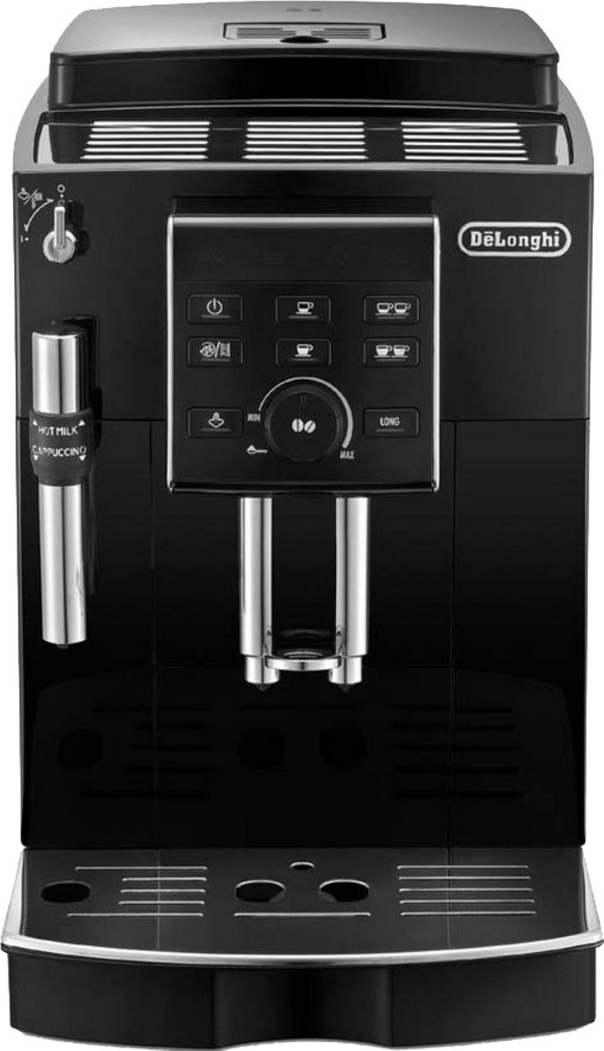 Czarny ekspres do kawy DeLonghi. Ma wiele przycisków, spieniacz do mleka i tackę na wodę. Białe tło.