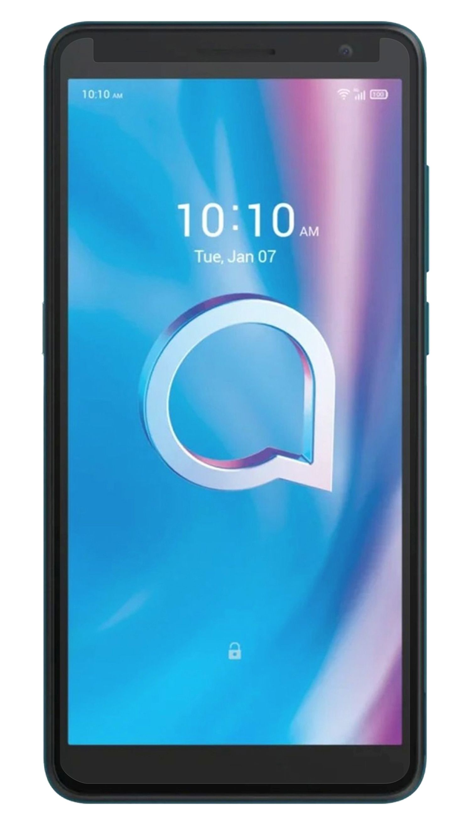 Alcatel-Smartphone, blauer Bildschirm mit Alcatel-Logo.