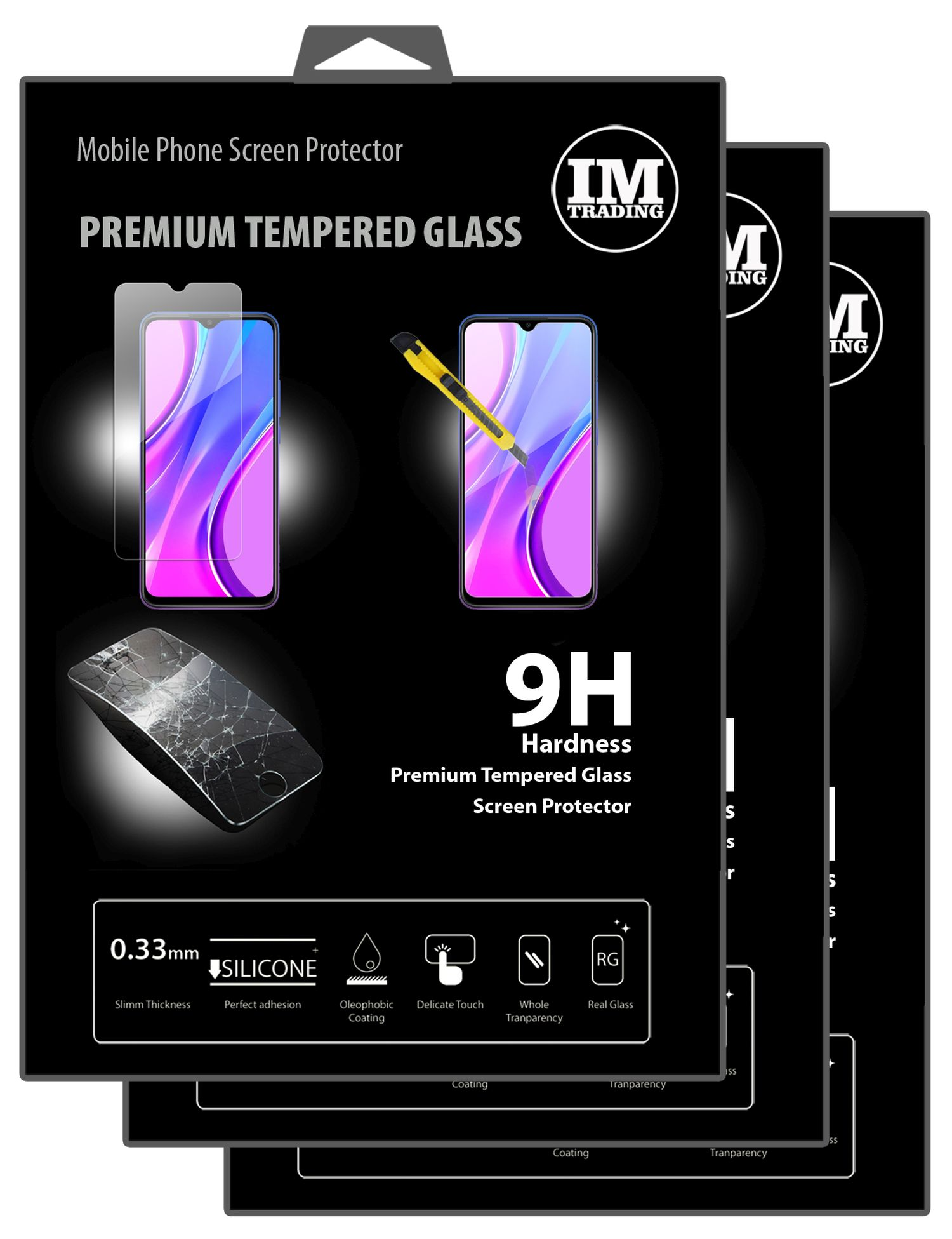 Schwarze Verpackung mit Telefon und Displayschutz. Zeigt einen zerbrochenen Bildschirm und einen intakten Bildschirm.