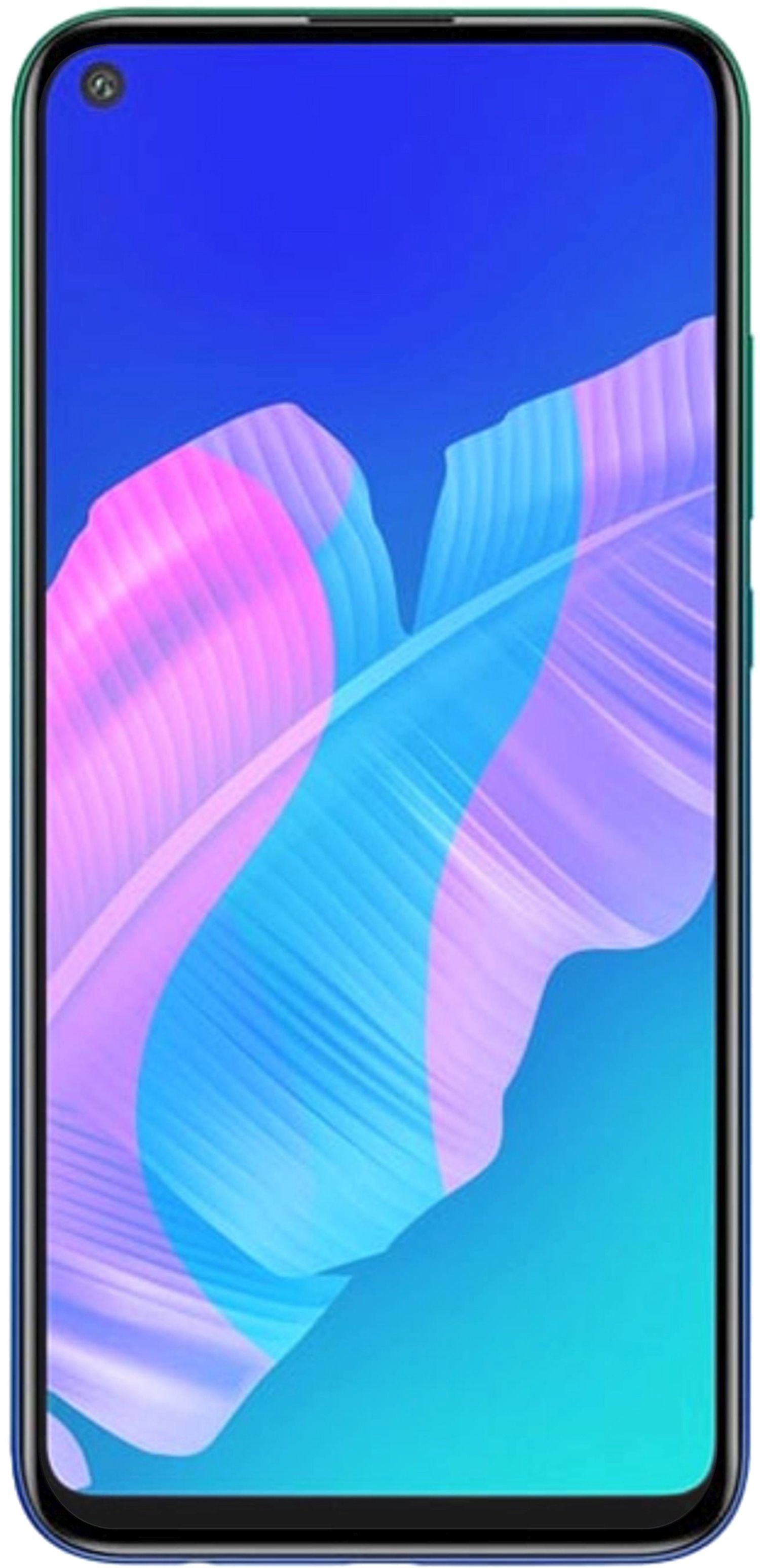 Ein blau-, grün- und lilafarbenes Gradienten-Telefon. Der Bildschirm ist eingeschaltet. Weißer Hintergrund.