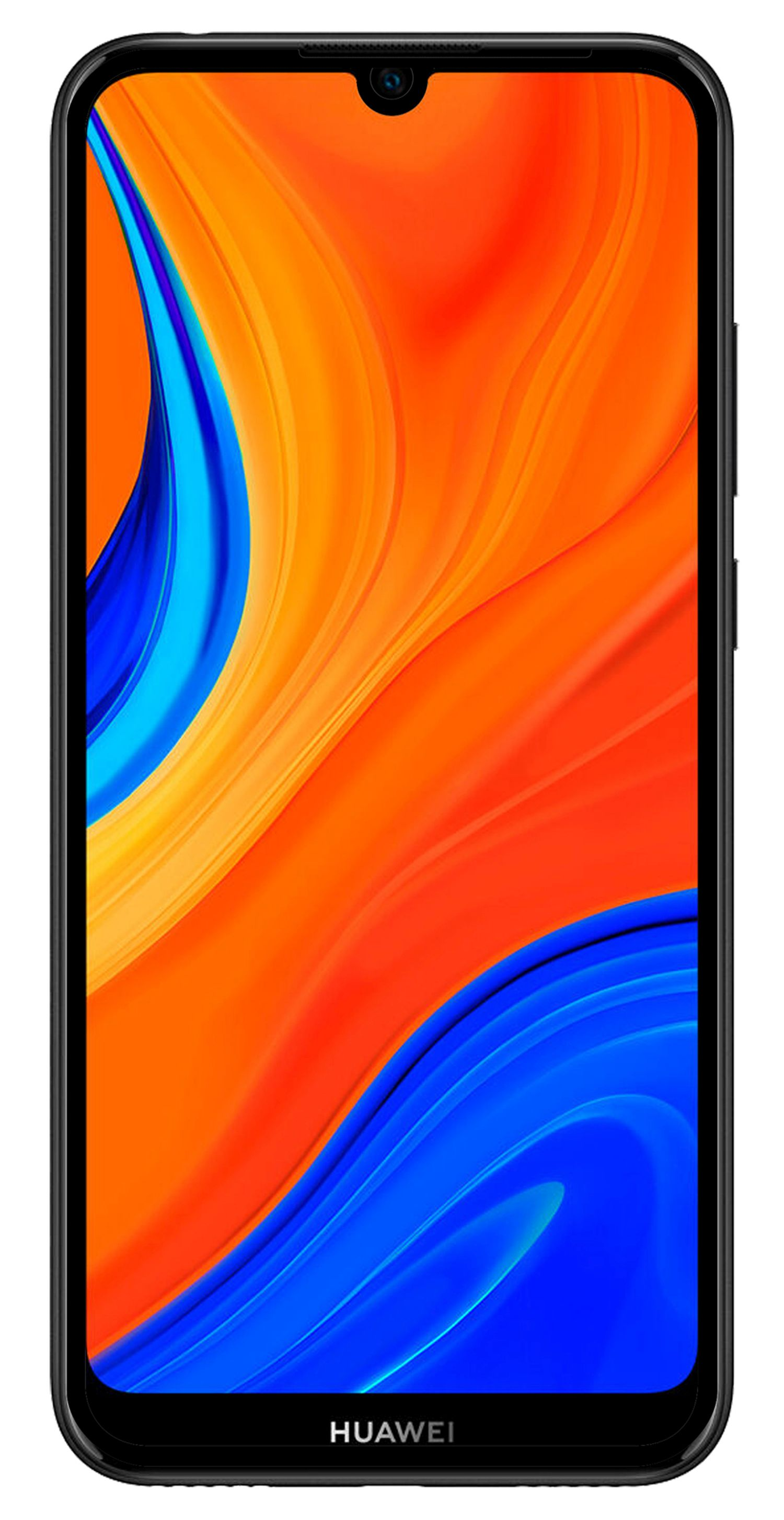 Schwarzes Telefon mit orangefarbenem und blauem Hintergrund.