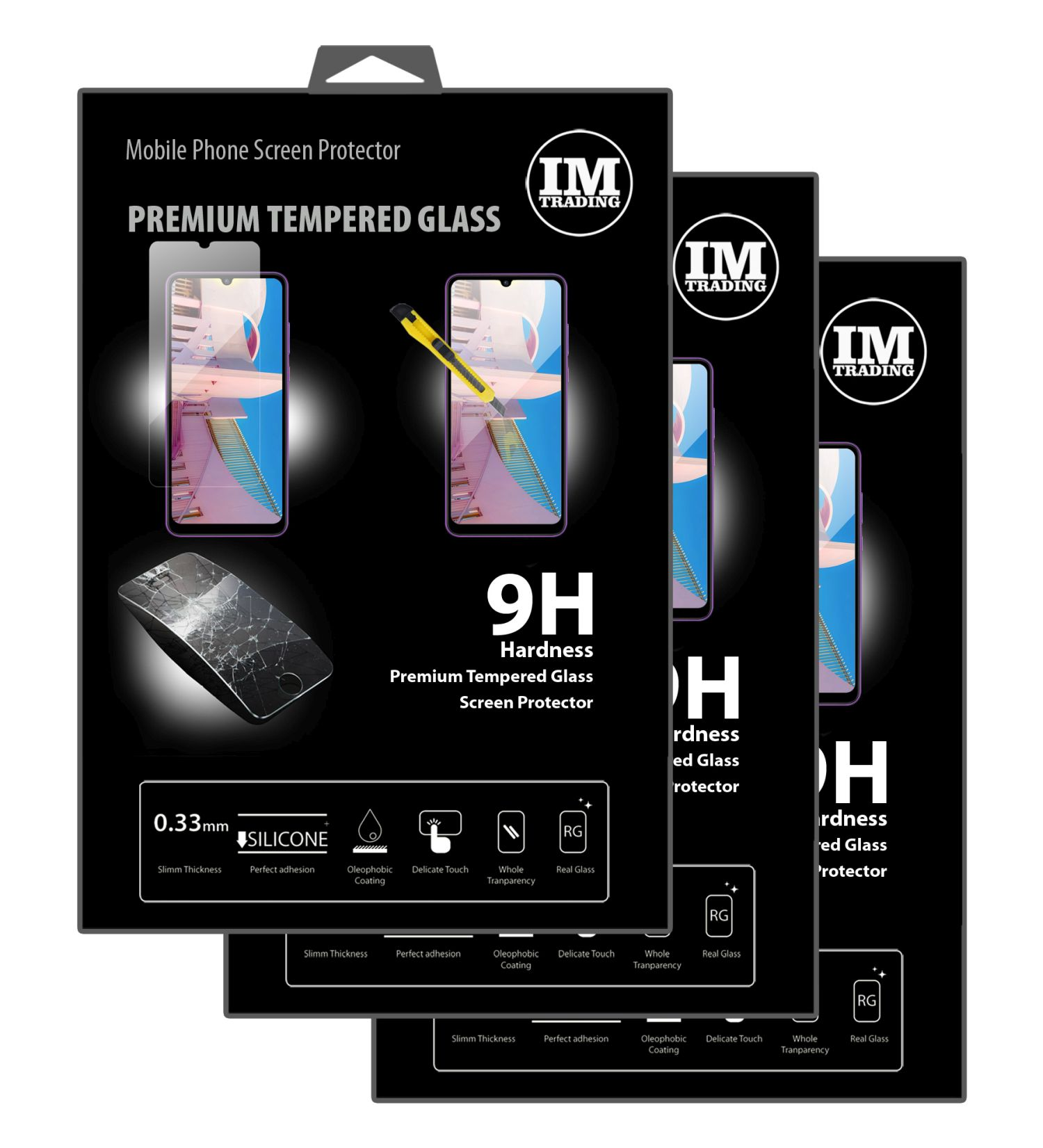 Verpackung von Displayschutzfolien für Telefone. Drei Schachteln werden angezeigt.