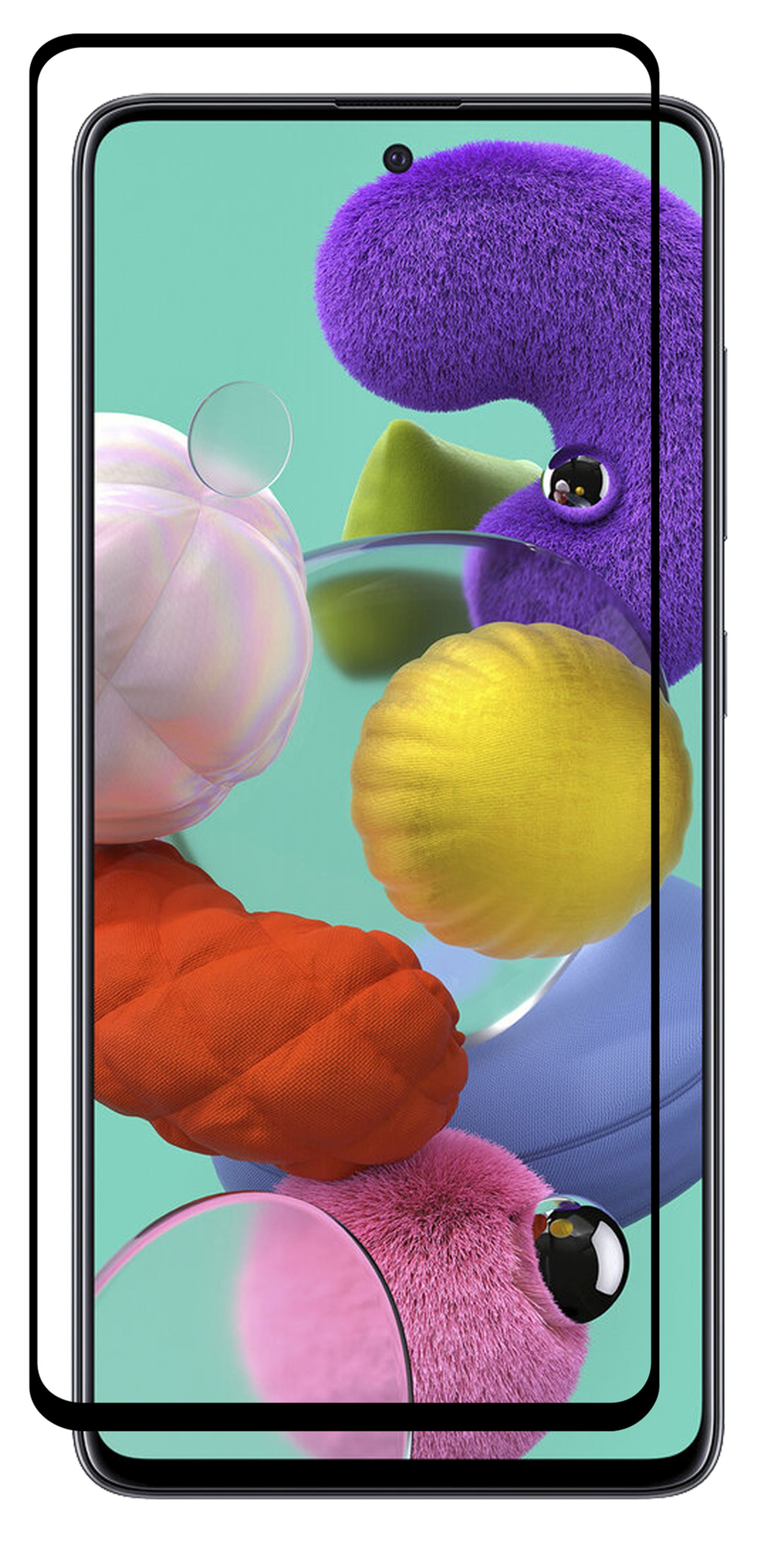 Smartphone mit Displayschutzfolie. Bunter abstrakter Hintergrund sichtbar.