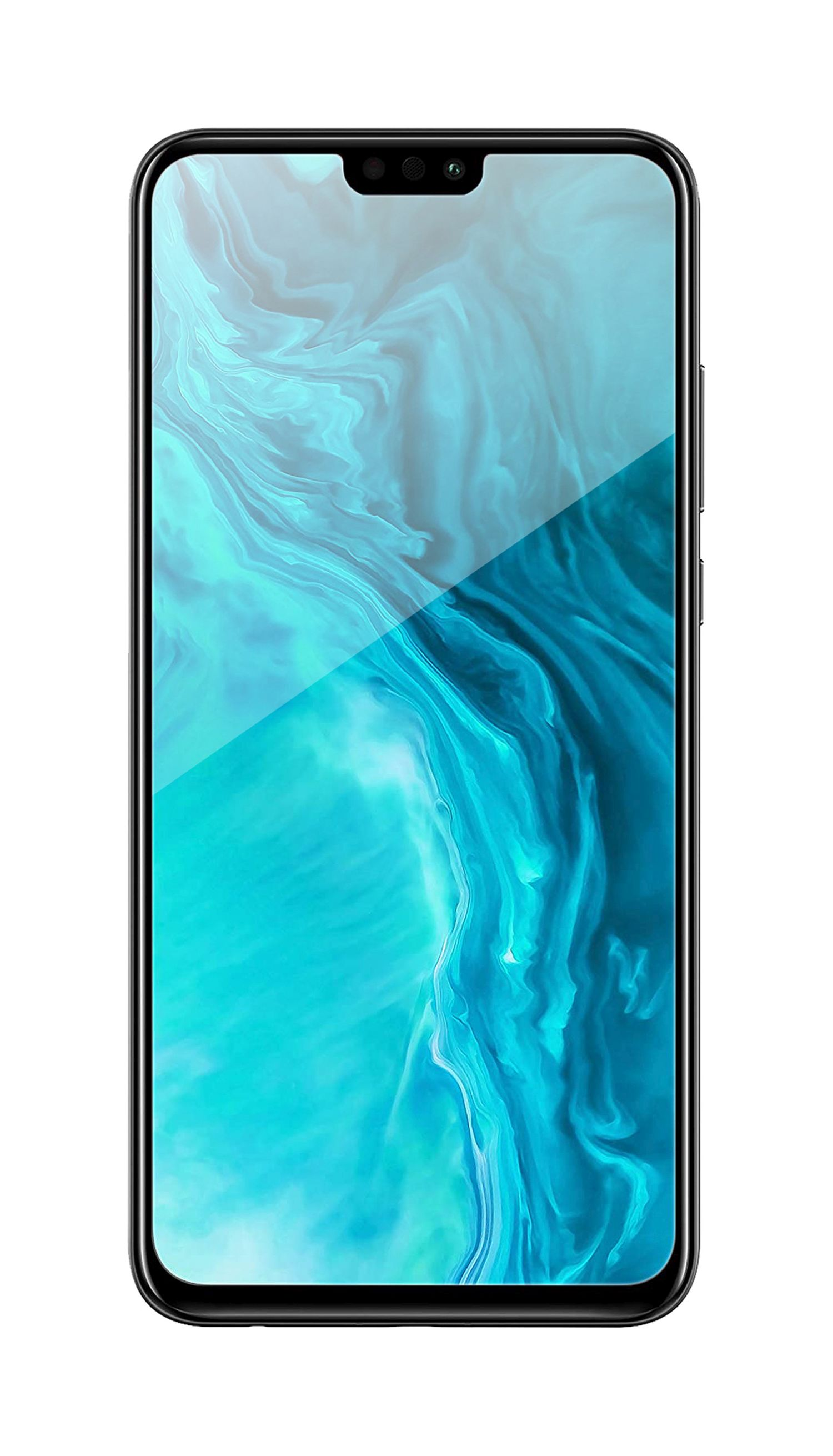 Ein schwarzes Smartphone mit großem Bildschirm, der ein abstraktes blau-grünes Muster anzeigt.