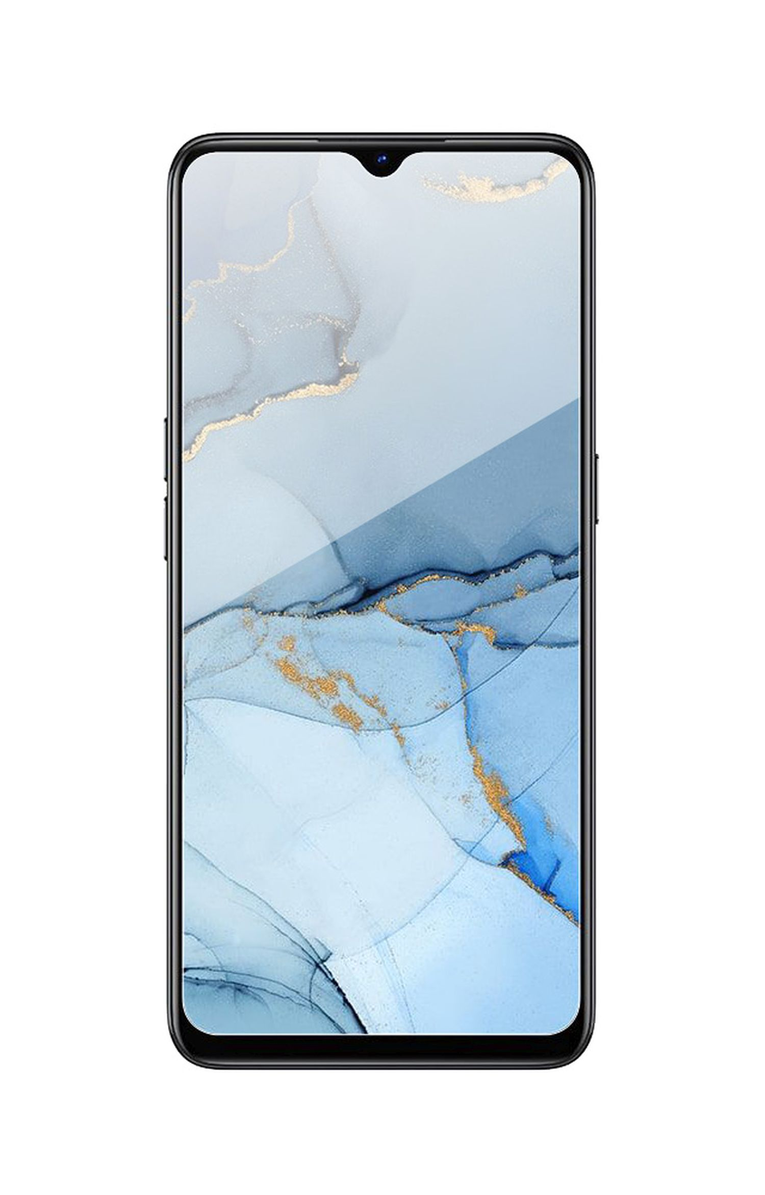 Schwarzes Smartphone, Vorderansicht. Display zeigt blaues und goldenes abstraktes Design. Telefon auf weißem Hintergrund.
