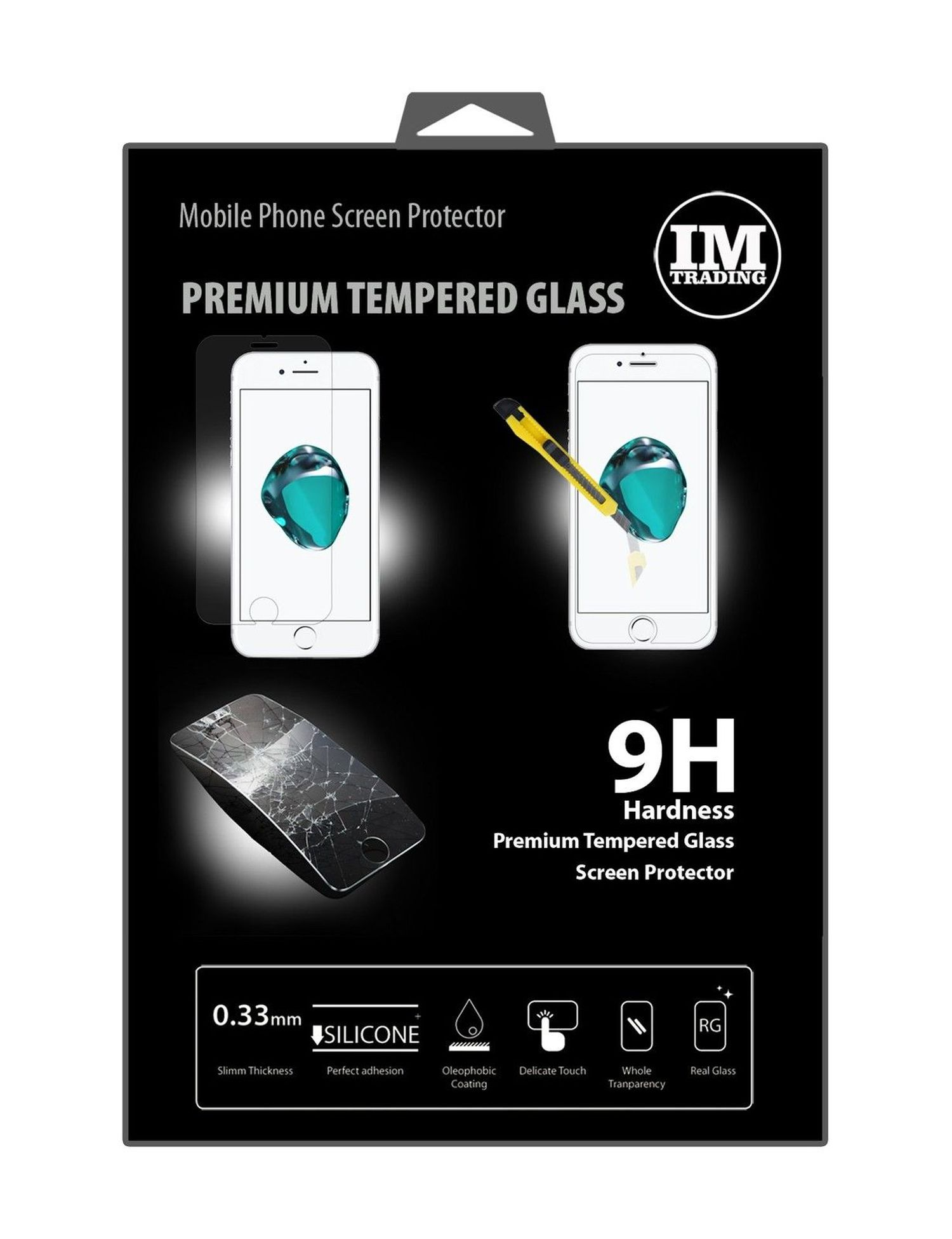 Schwarze Box mit Displayschutz und Telefonillustrationen. Text: Premium Tempered Glass, 9H Härte, 0,33 mm.
