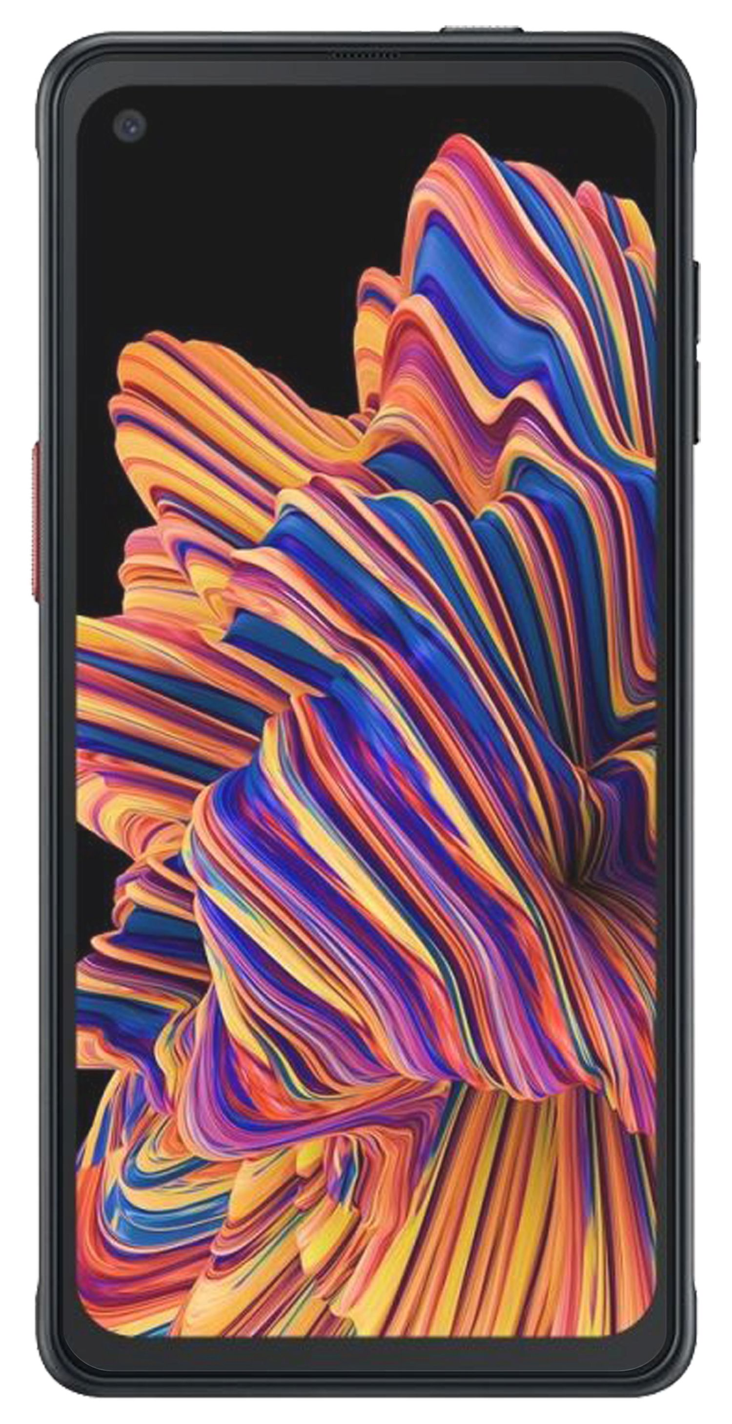 Schwarzes Telefon, das ein abstraktes, farbenfrohes Design auf dem Display zeigt.