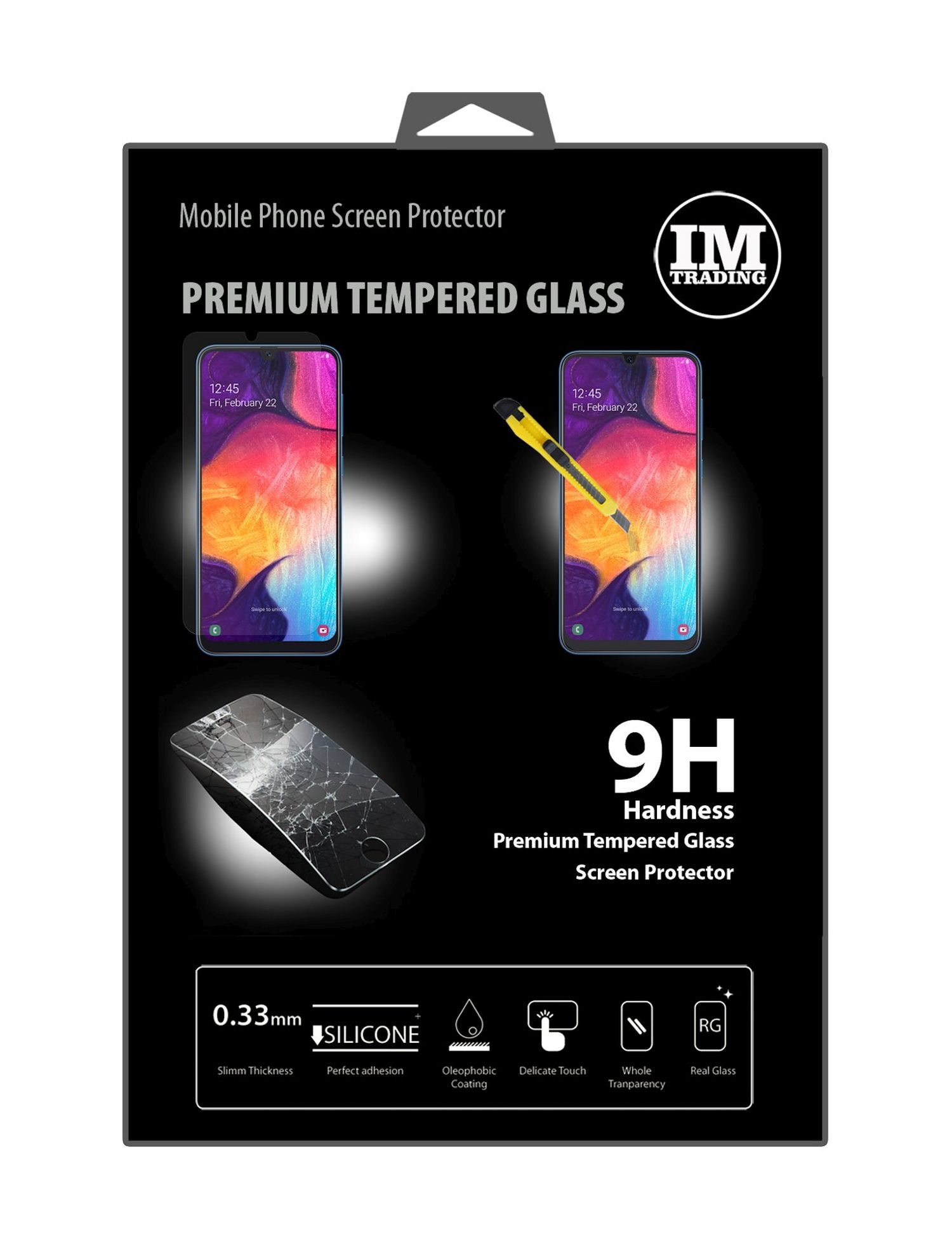 Schwarze Verpackung für Displayschutzfolie. Bilder von Handys und gehärtetem Glas. Weißer Hintergrund.
