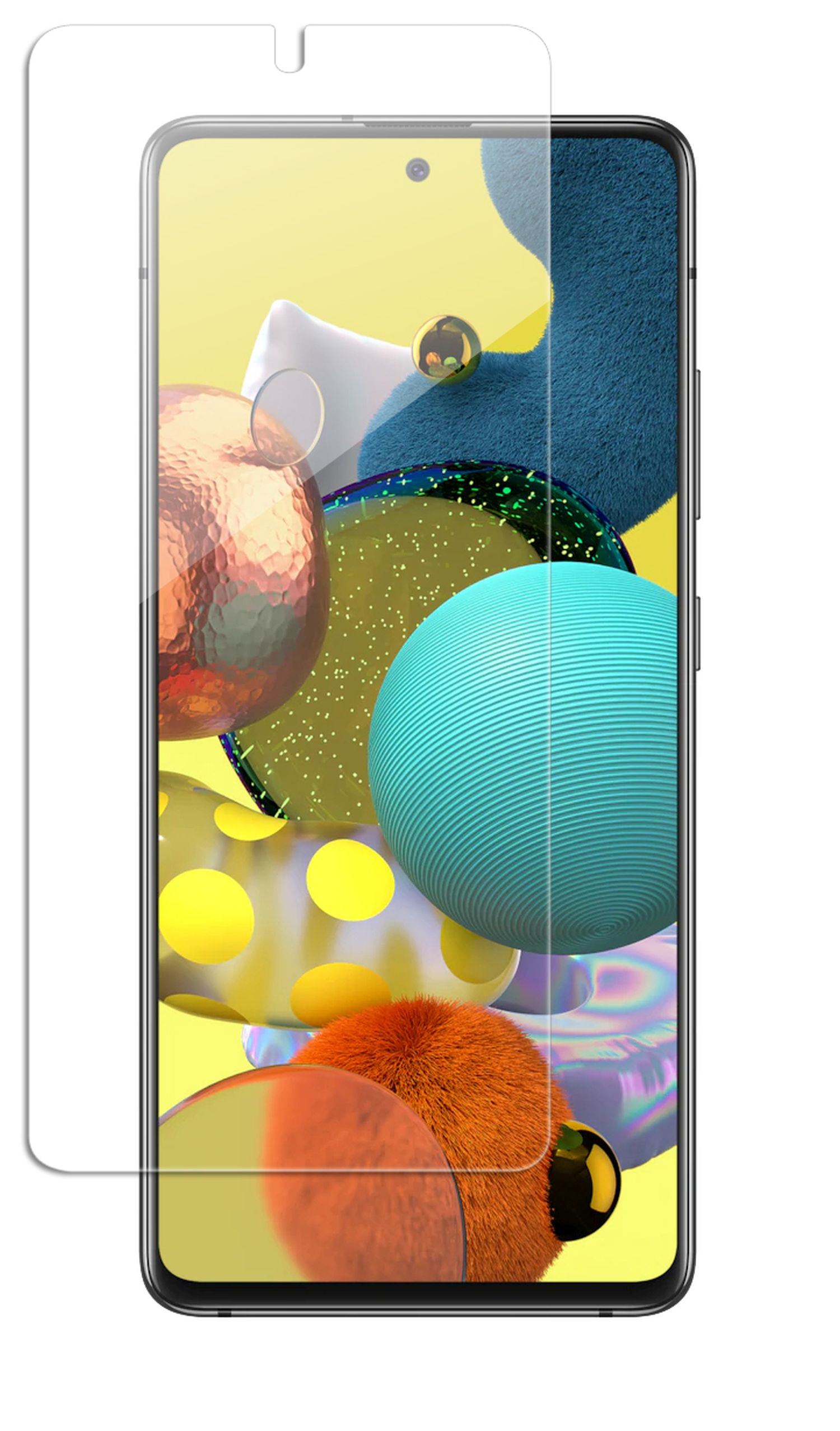 Ein Displayschutz aus gehärtetem Glas bedeckt einen Telefonbildschirm mit bunten Objekten.