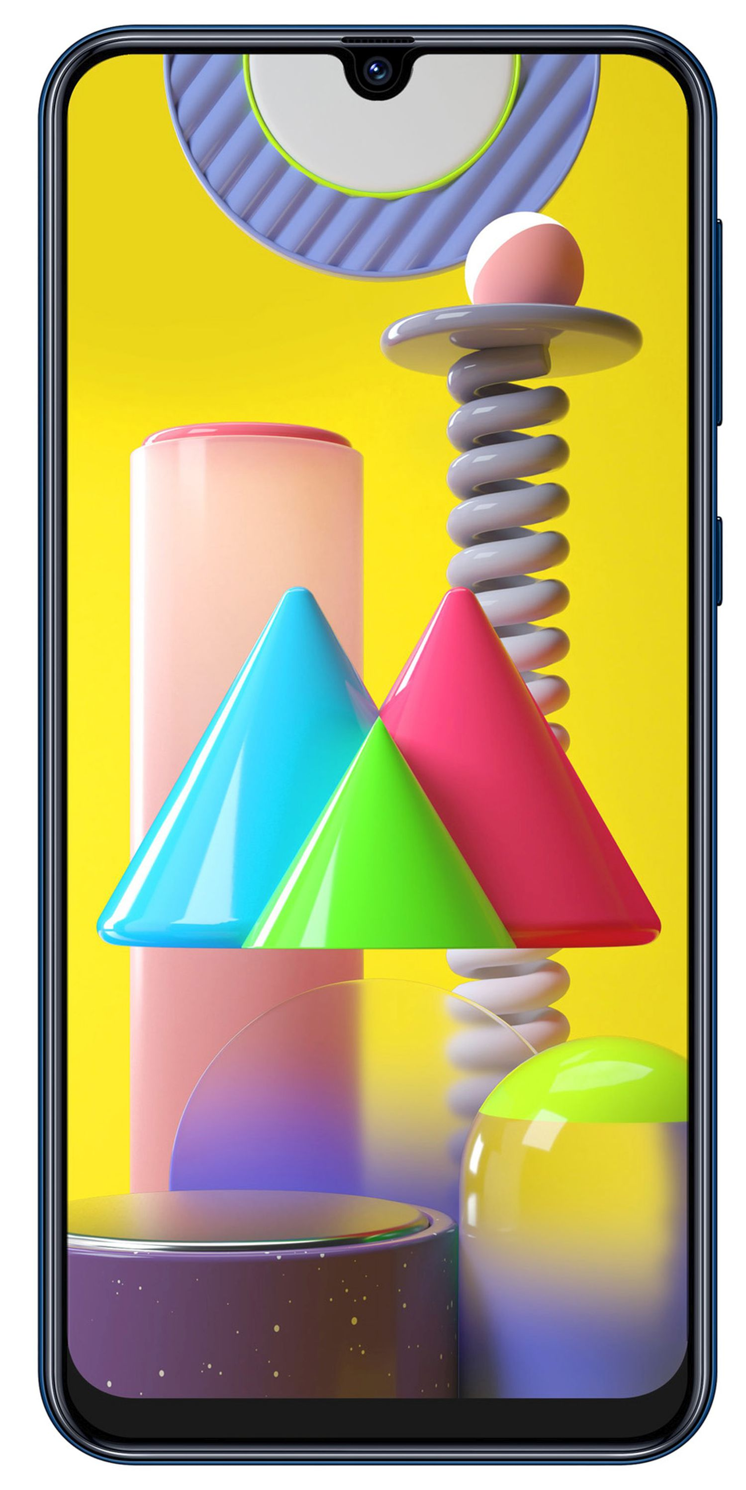 Ein Smartphone mit einem farbenfrohen abstrakten Design auf dem Bildschirm, mit blauem Rahmen.