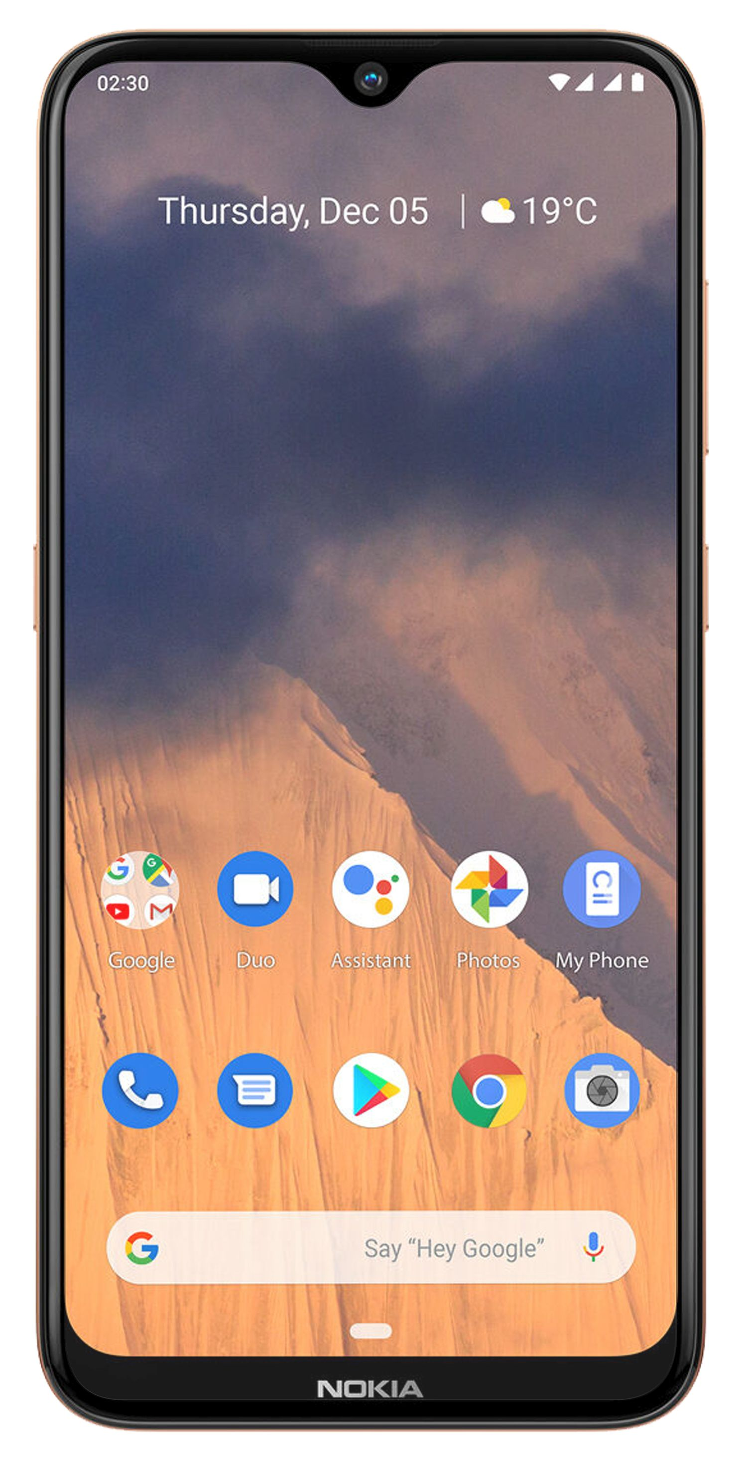 Ein Telefon mit schwarzem Rahmen zeigt einen Desktop mit Apps an. Hintergrund ist orange und braun.