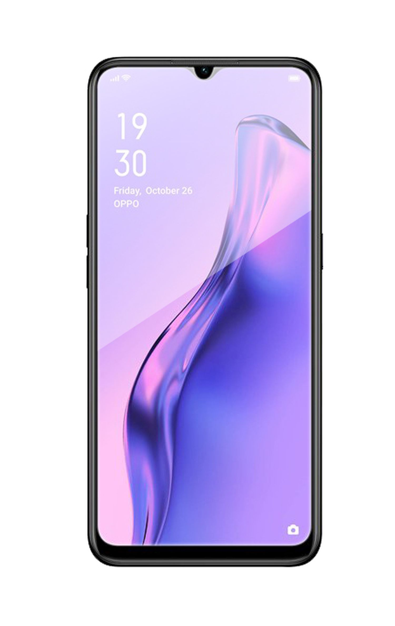 Ein Smartphone mit einem violetten Bildschirm, der Uhrzeit und Datum anzeigt, isoliert auf Weiß.