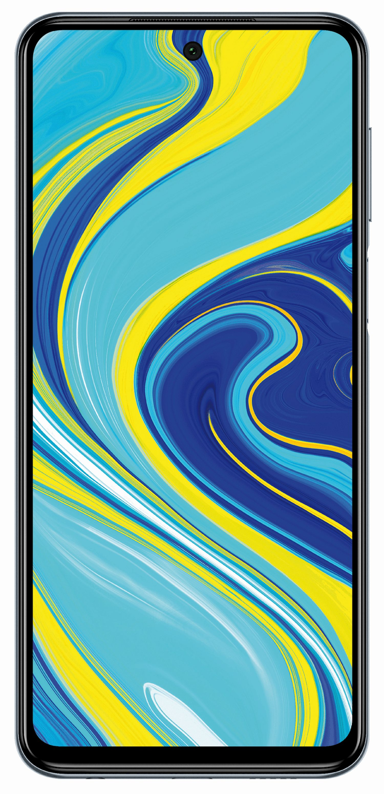 Blauer und gelber abstrakter Hintergrund auf einem Telefonbildschirm. Schwarzer Rahmen.
