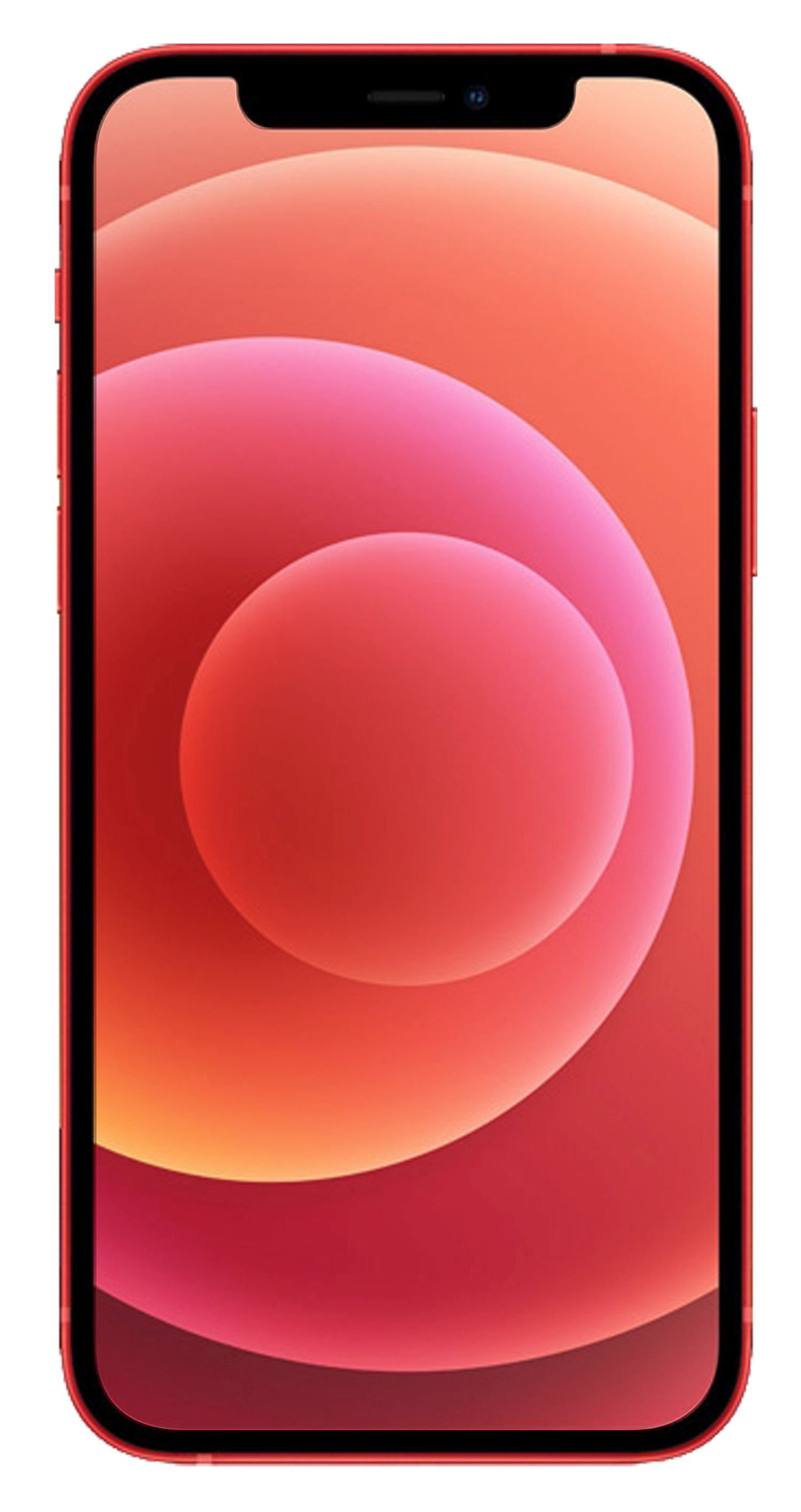 Rotes iPhone, das ein farbenfrohes abstraktes Design auf dem Bildschirm zeigt, isoliert auf Weiß.