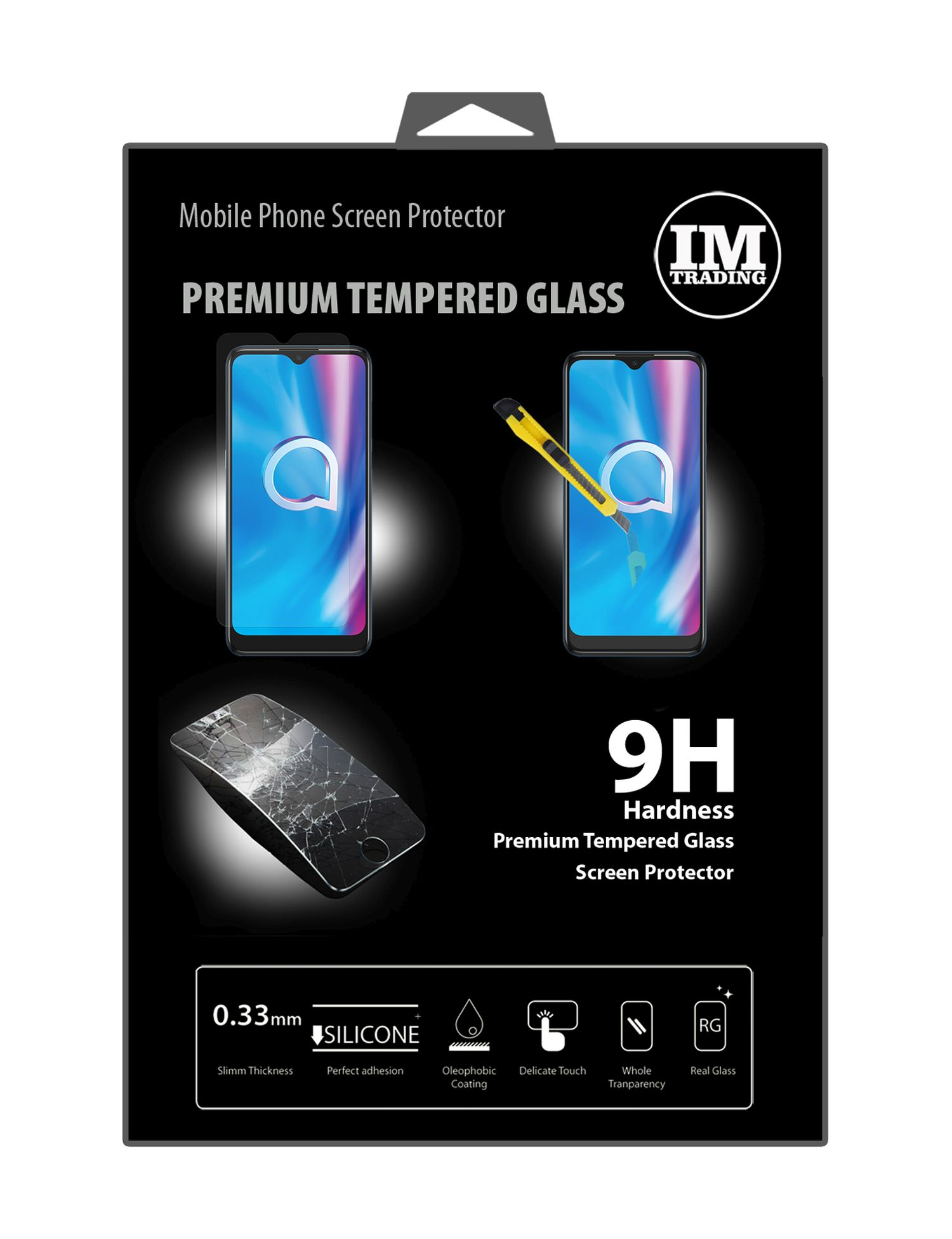 Verpackung für Displayschutzfolie. Schwarze Box, Telefone, gelber Cutter, weißer HG.