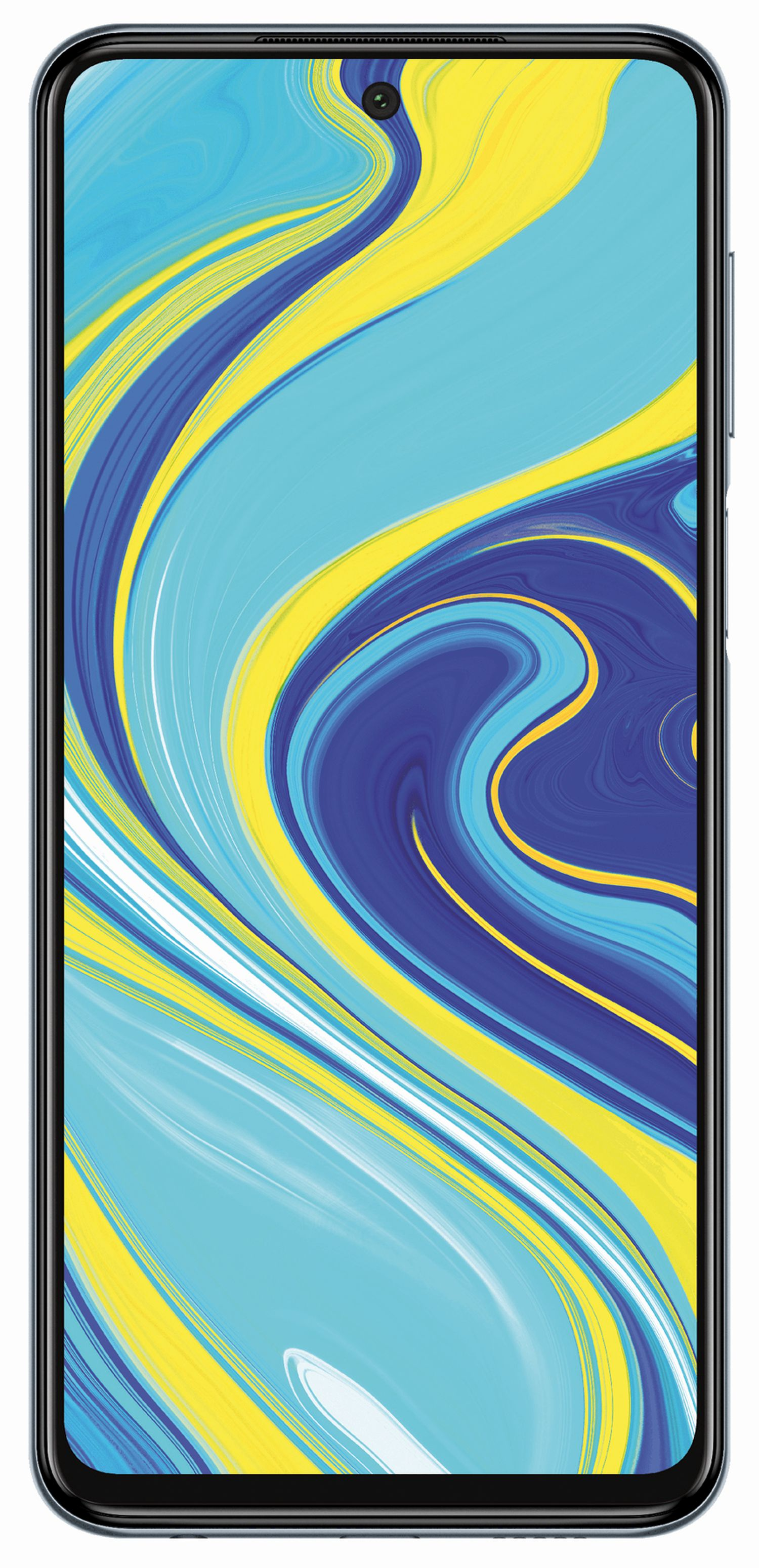 Telefonbildschirm zeigt wirbelnde blaue, gelbe und weiße abstrakte Kunst.
