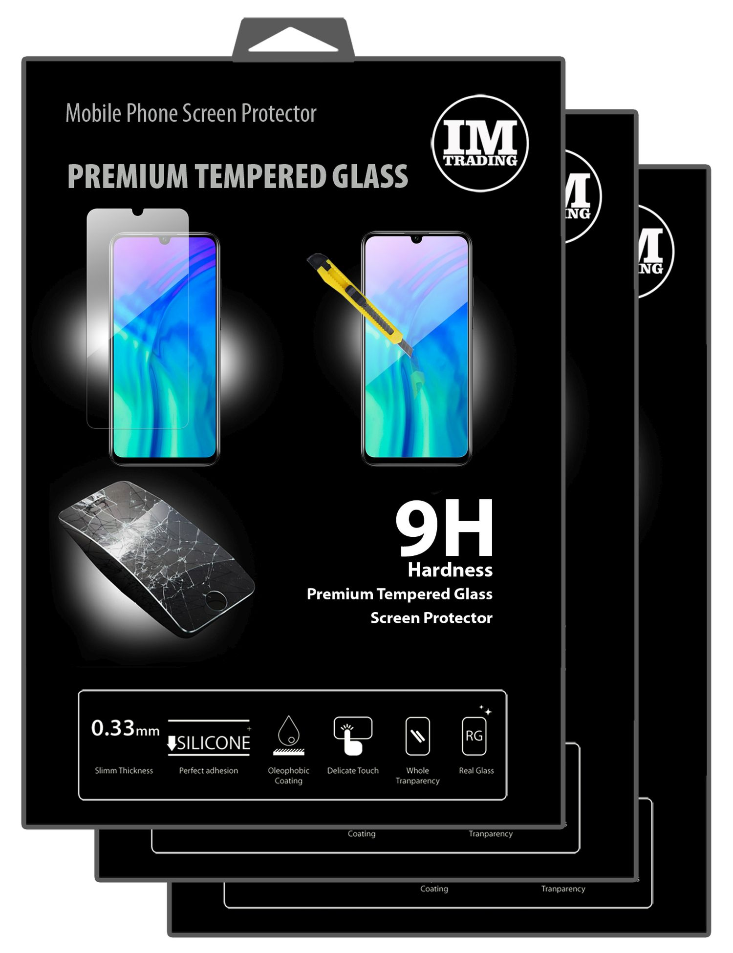 Drei Displayschutz-Verpackungen mit Handys und Text. Premium Tempered Glass und 9H Härte.