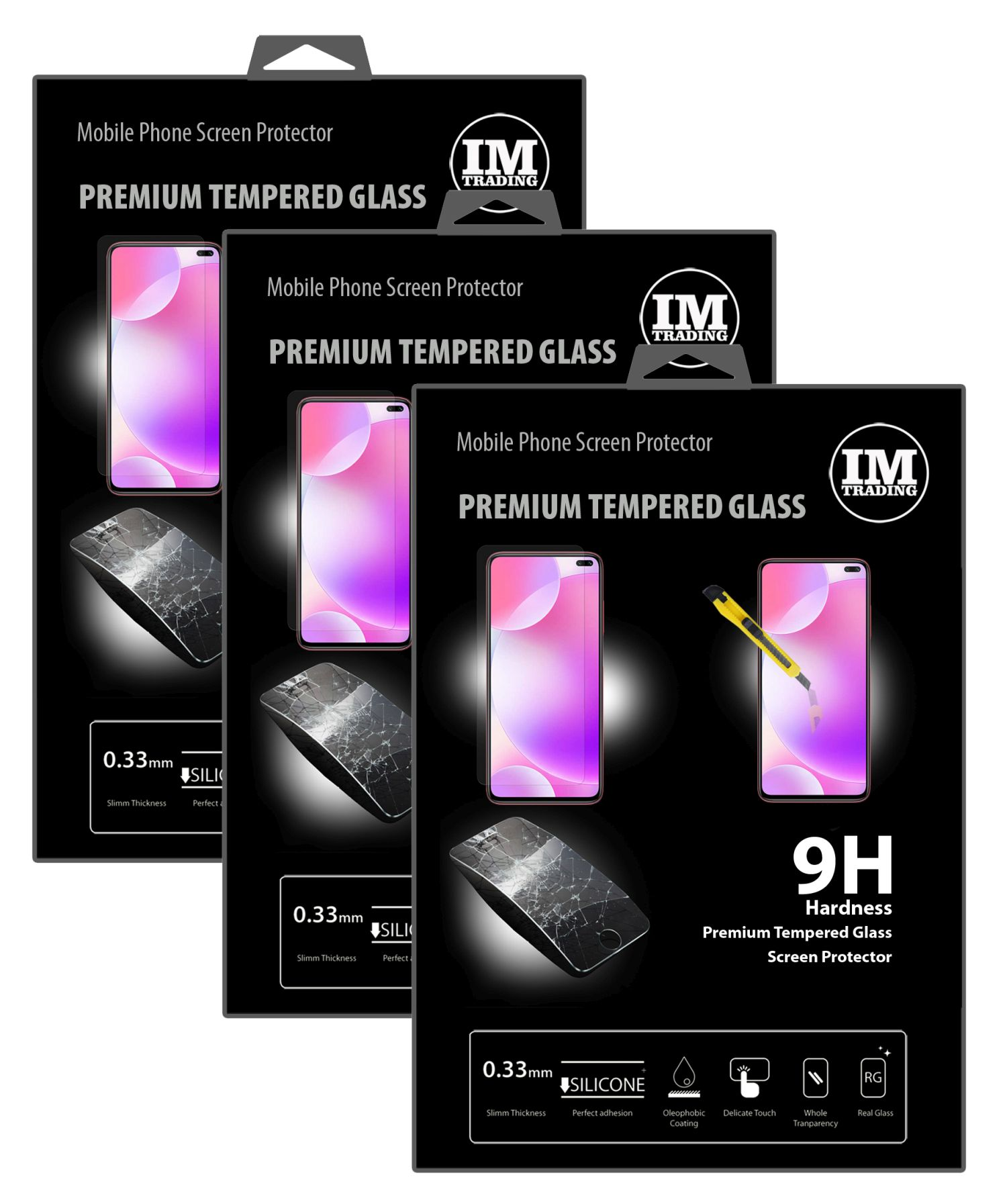 Drei Schachteln Panzerglas-Displayschutzfolien für Mobiltelefone, mit verschiedenen Darstellungen.