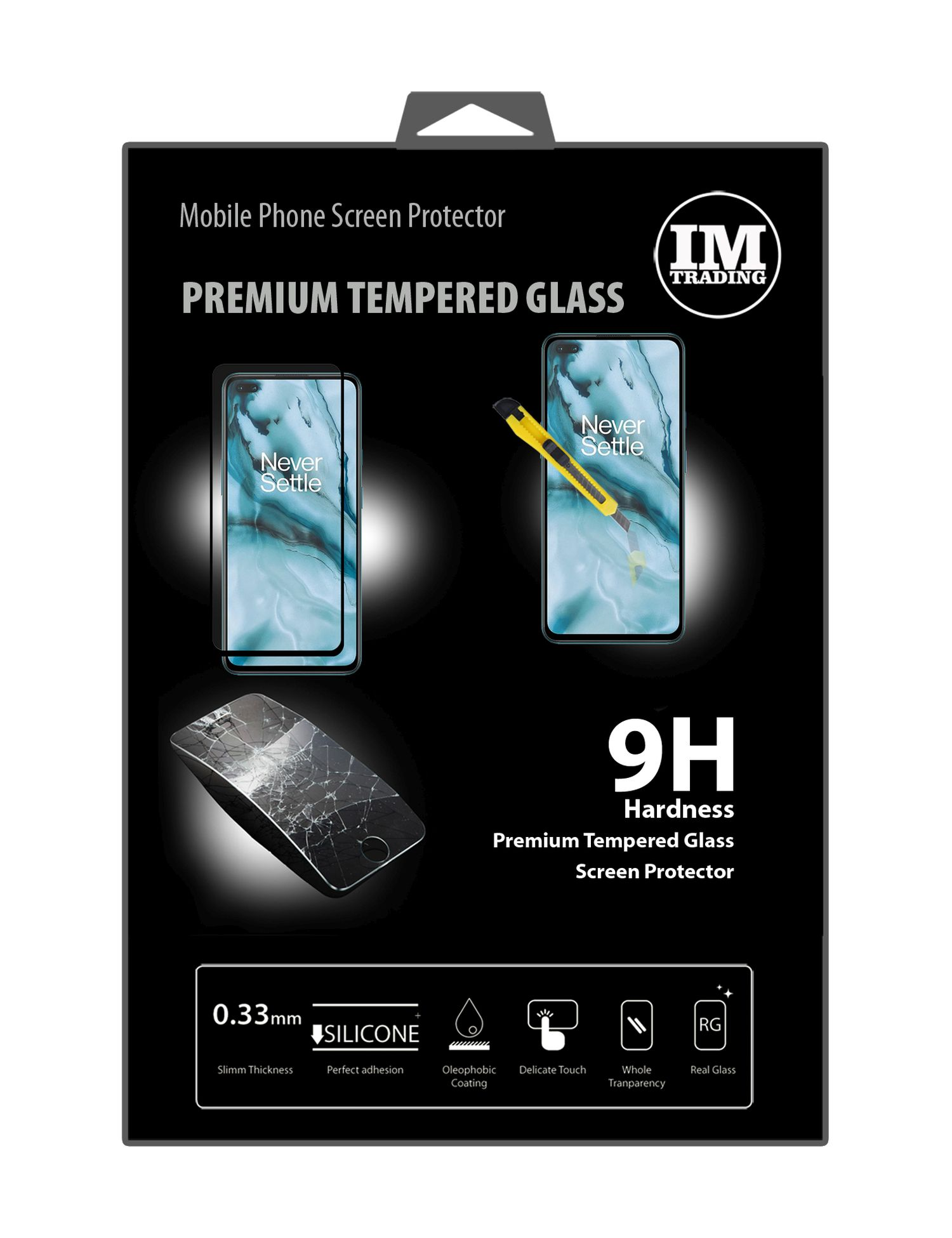 Eine Box mit Displayschutzfolien für Telefone. Sie zeigt ein Telefon und ein Cutter-Messer.