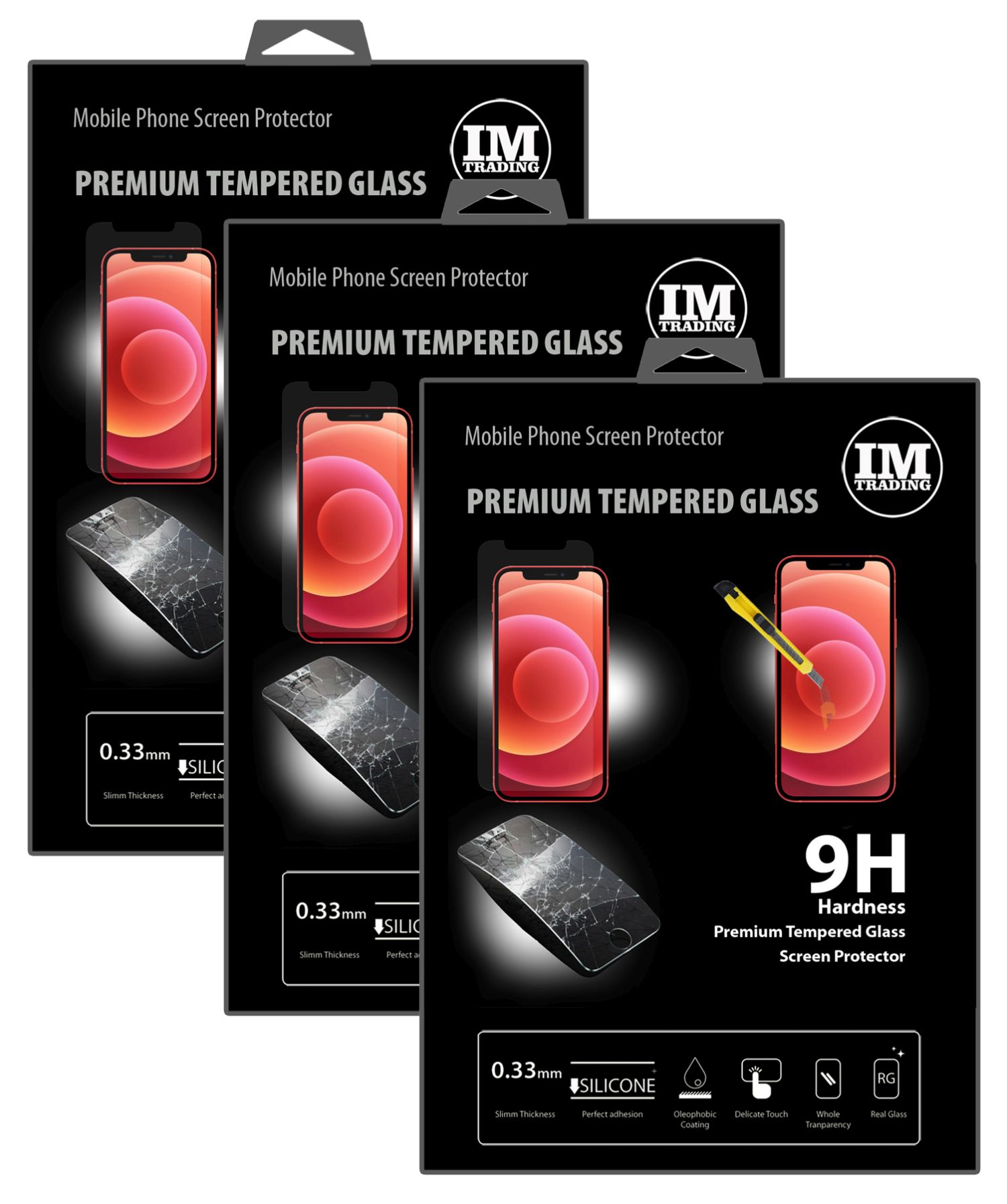 Drei Displayschutzfolien-Verpackungen, mit Telefonen auf der Vorderseite.